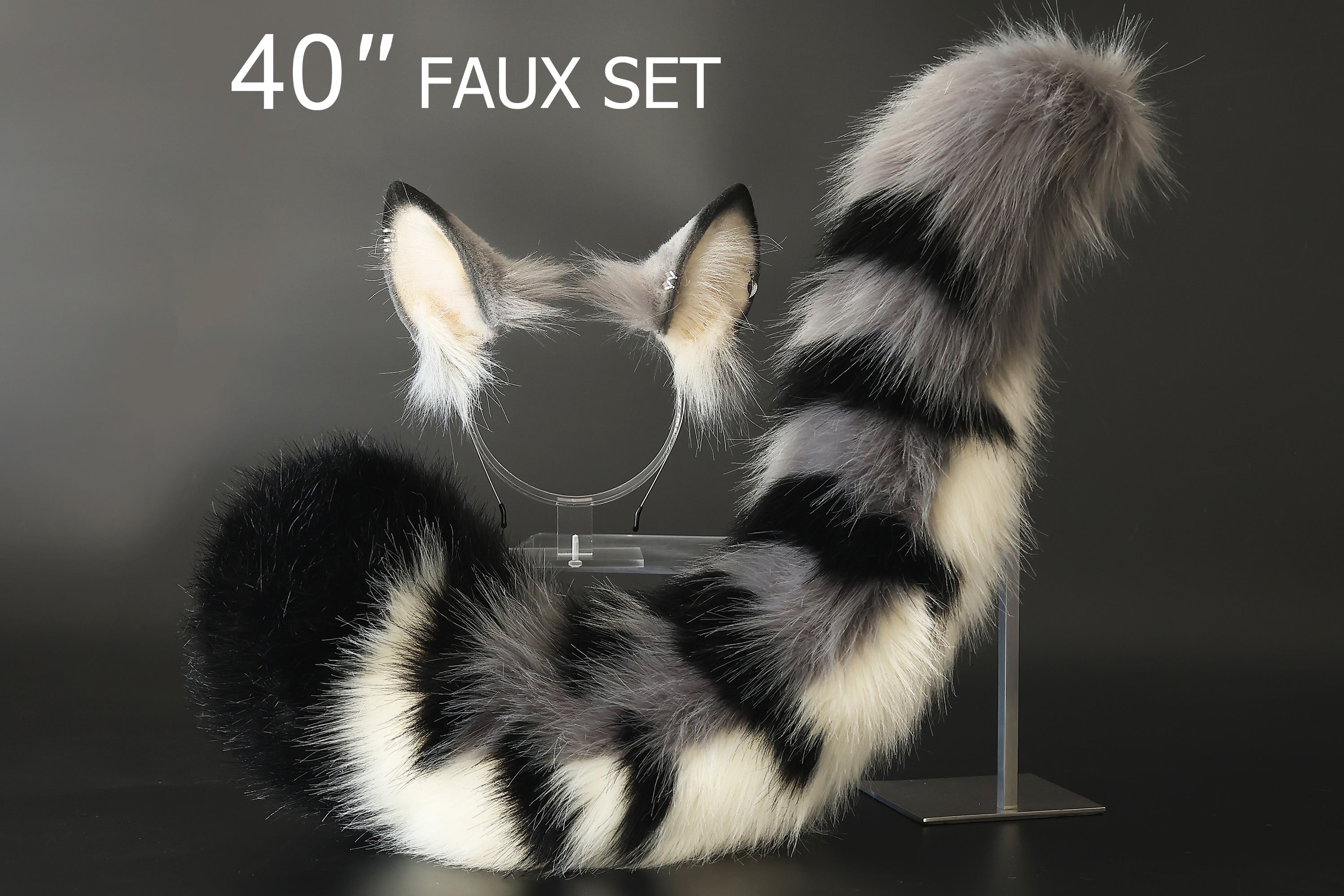 Faux fur tabby cat ears and tail gray black stripe kitten tail and ears lynx cat tail and ears therian anime cosplay tabby cat kemonomimi