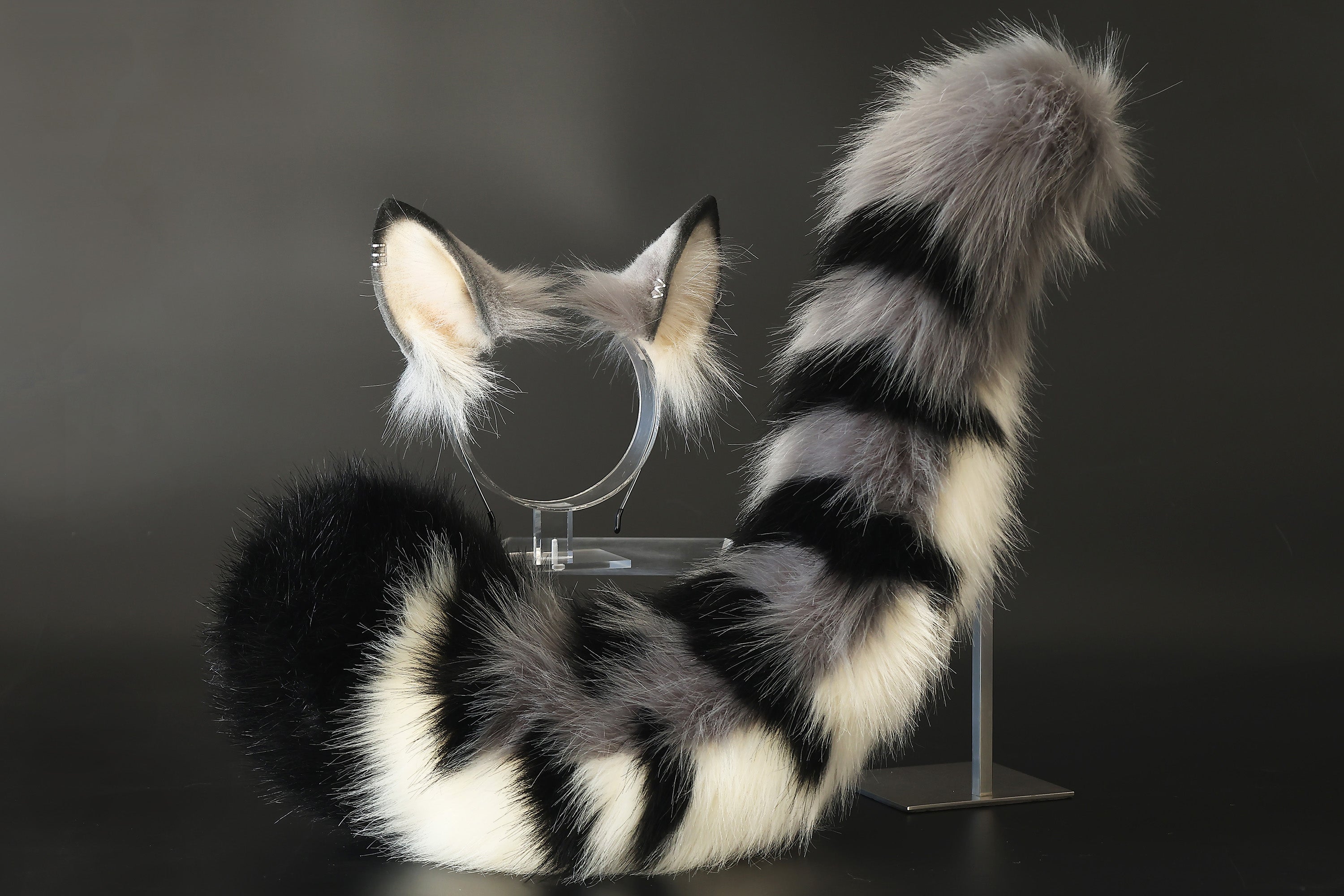 Faux fur tabby cat ears and tail gray black stripe kitten tail and ears lynx cat tail and ears therian anime cosplay tabby cat kemonomimi