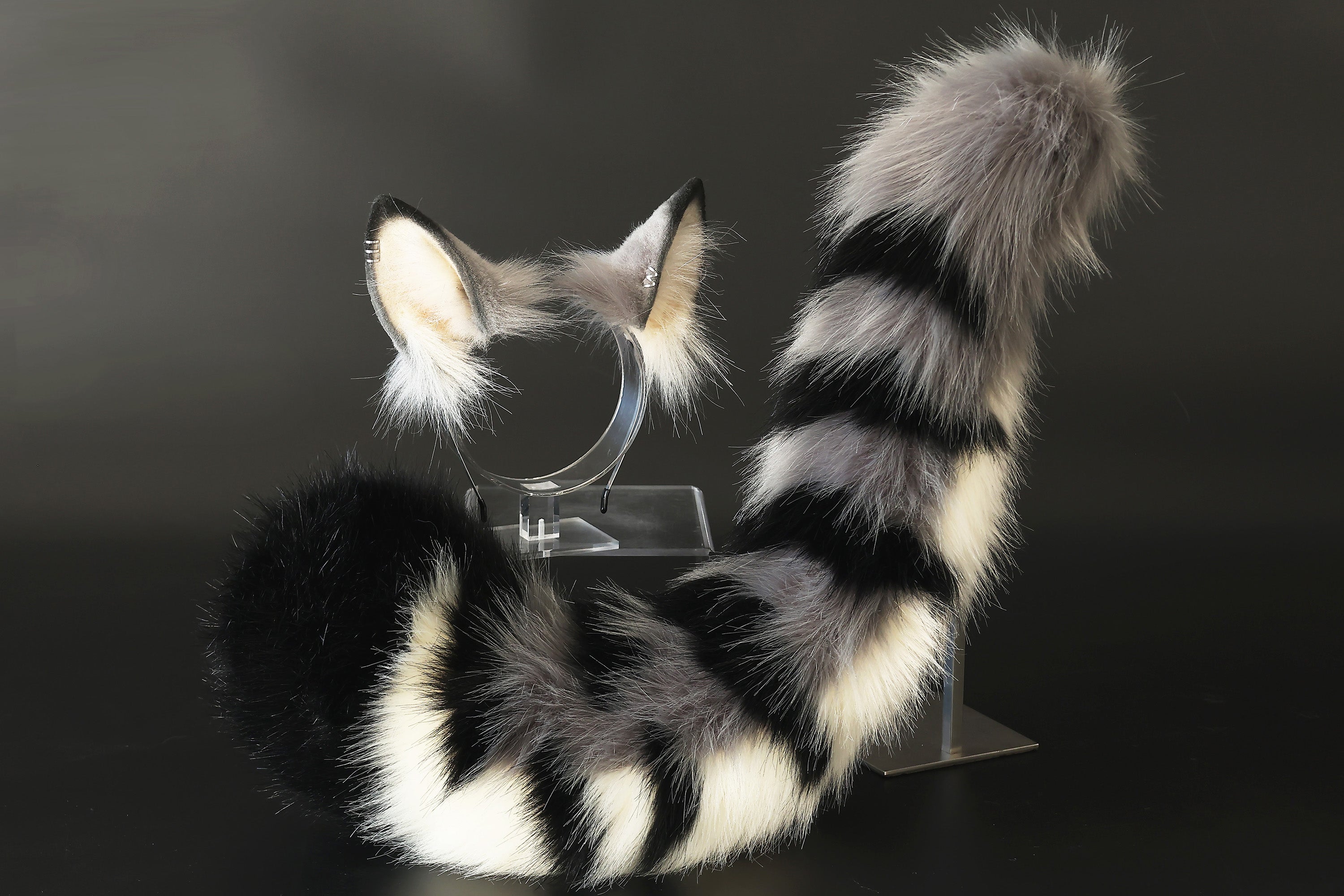 Faux fur tabby cat ears and tail gray black stripe kitten tail and ears lynx cat tail and ears therian anime cosplay tabby cat kemonomimi