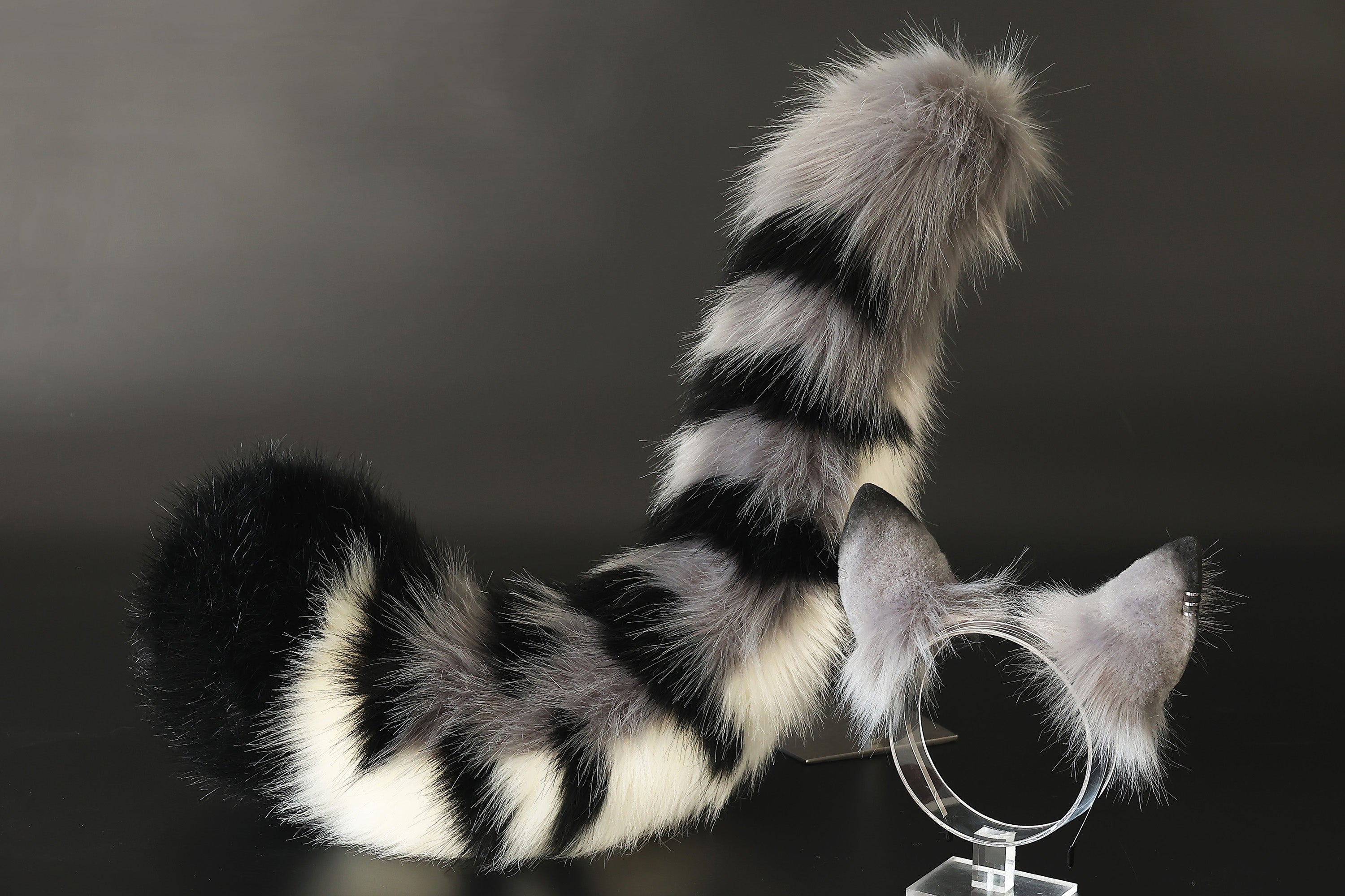 Faux fur tabby cat ears and tail gray black stripe kitten tail and ears lynx cat tail and ears therian anime cosplay tabby cat kemonomimi