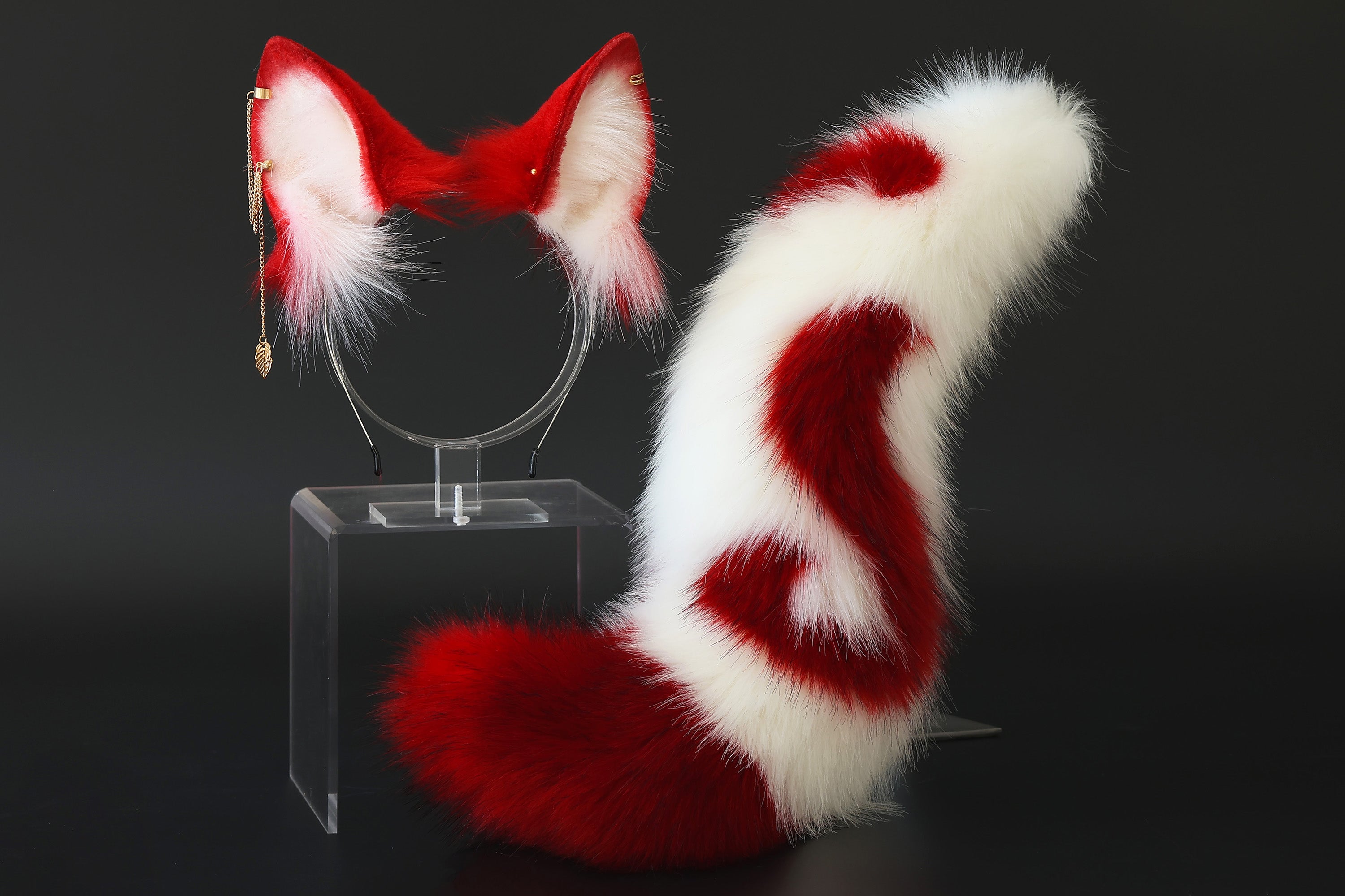 Red white stitching faux fur fox ears and tail curved wolf tail and ears cat tail and ears kitten ears and tail butt plug set anime cosplay role play
