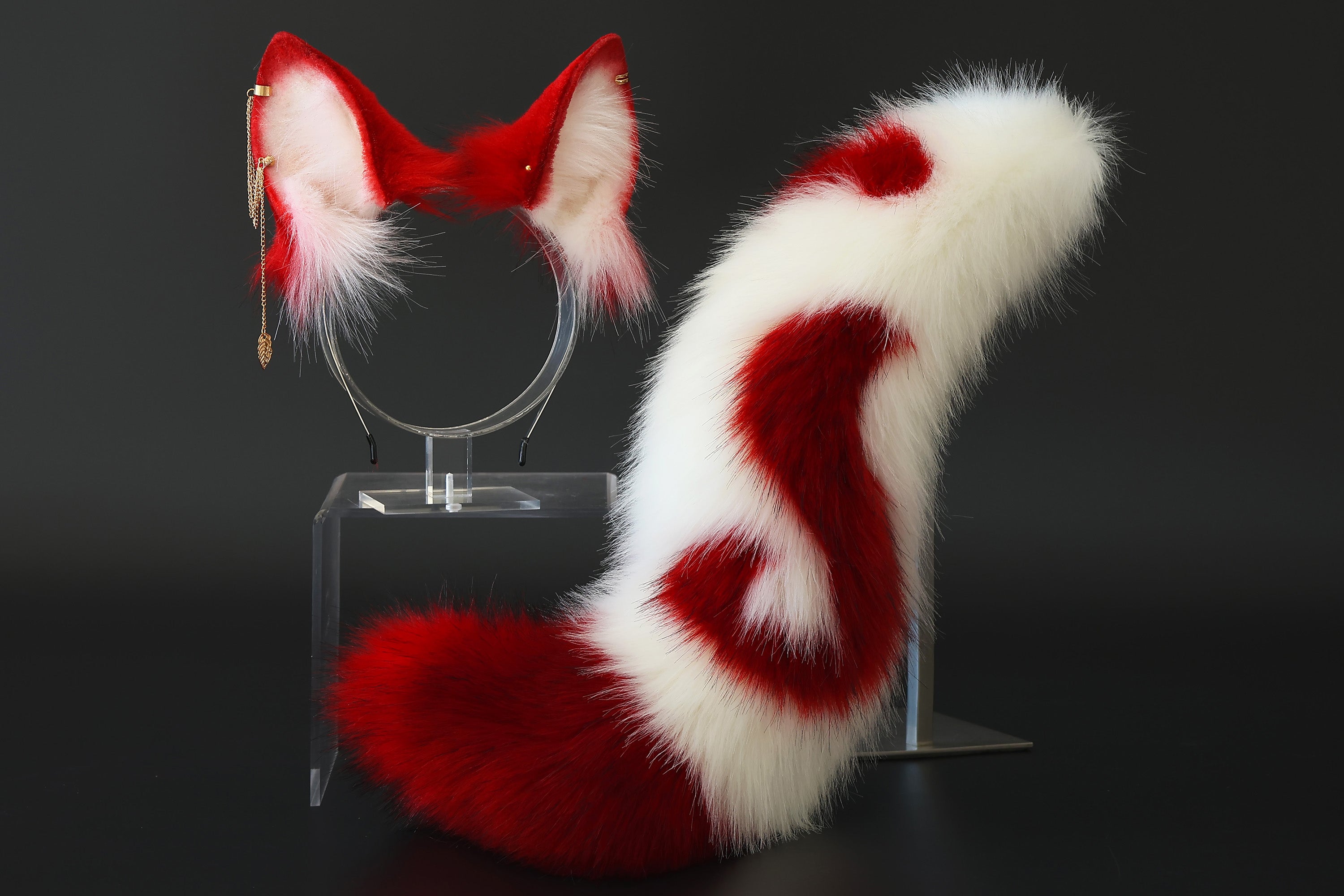 Red white stitching faux fur fox ears and tail curved wolf tail and ears cat tail and ears kitten ears and tail butt plug set anime cosplay role play
