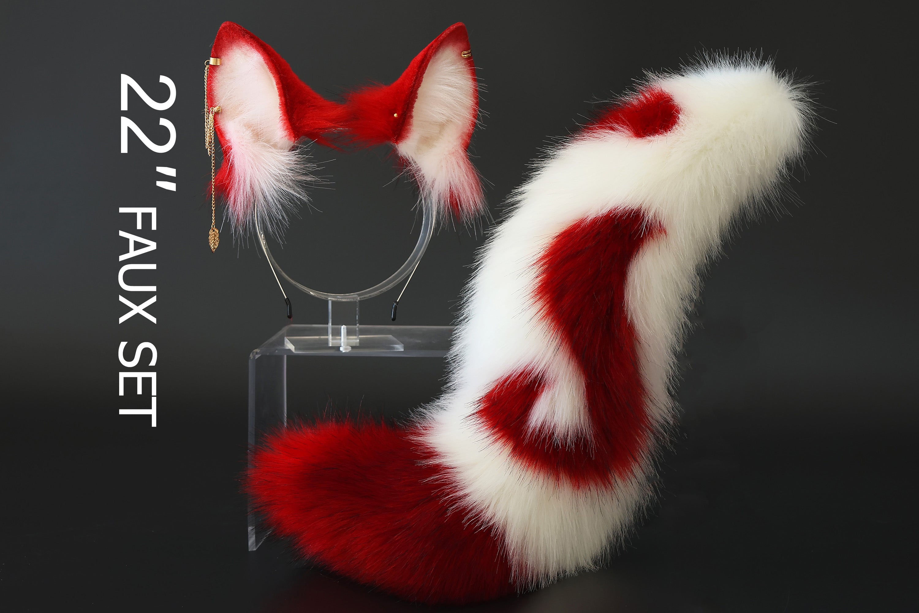 Red white stitching faux fur fox ears and tail curved wolf tail and ears cat tail and ears kitten ears and tail butt plug set anime cosplay role play