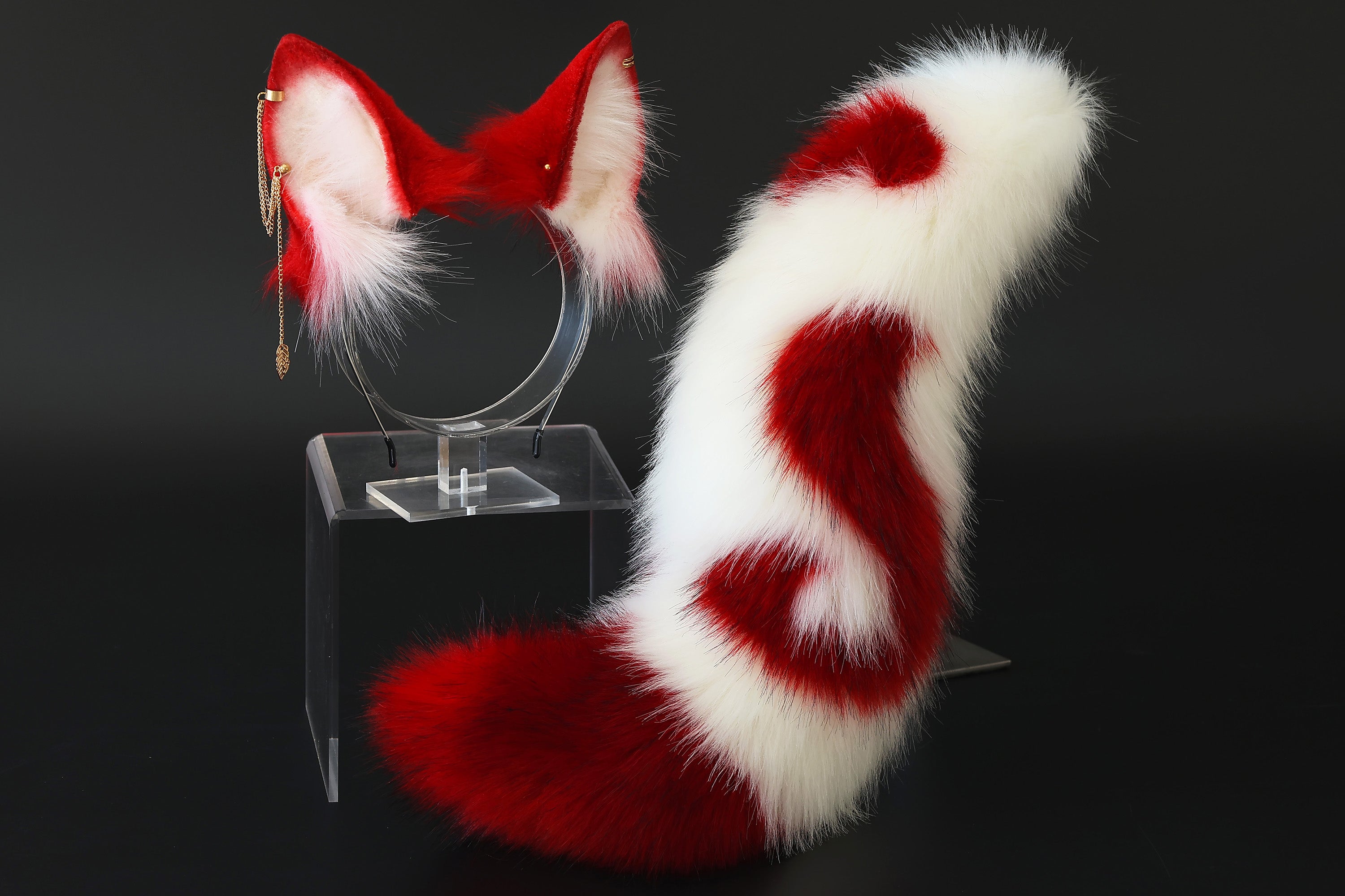 Red white stitching faux fur fox ears and tail curved wolf tail and ears cat tail and ears kitten ears and tail butt plug set anime cosplay role play