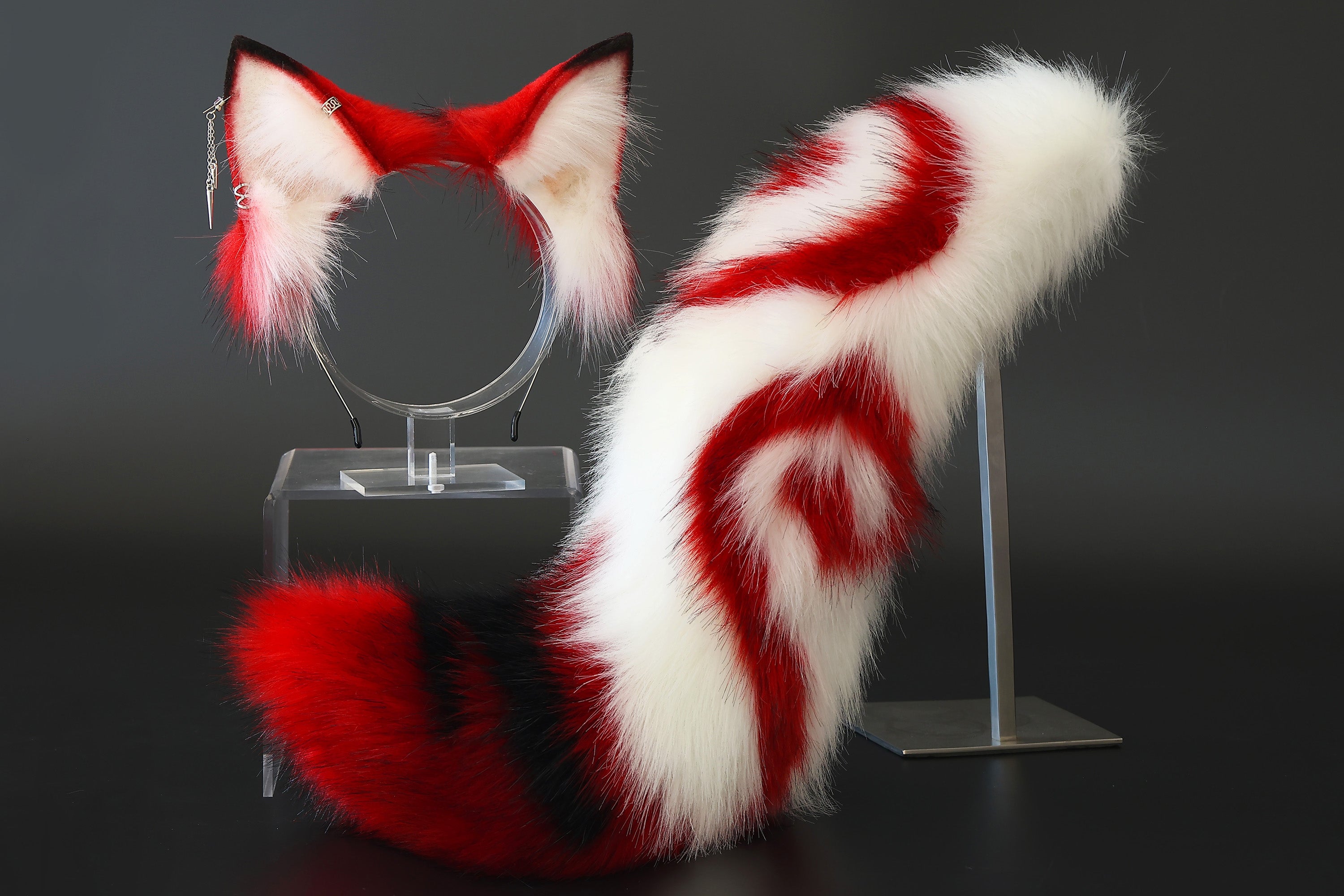Stitching faux fur red white fox ears and tail curved wolf tail and ears cat tail and ears kitten ears and tail butt plug set anime cosplay role play