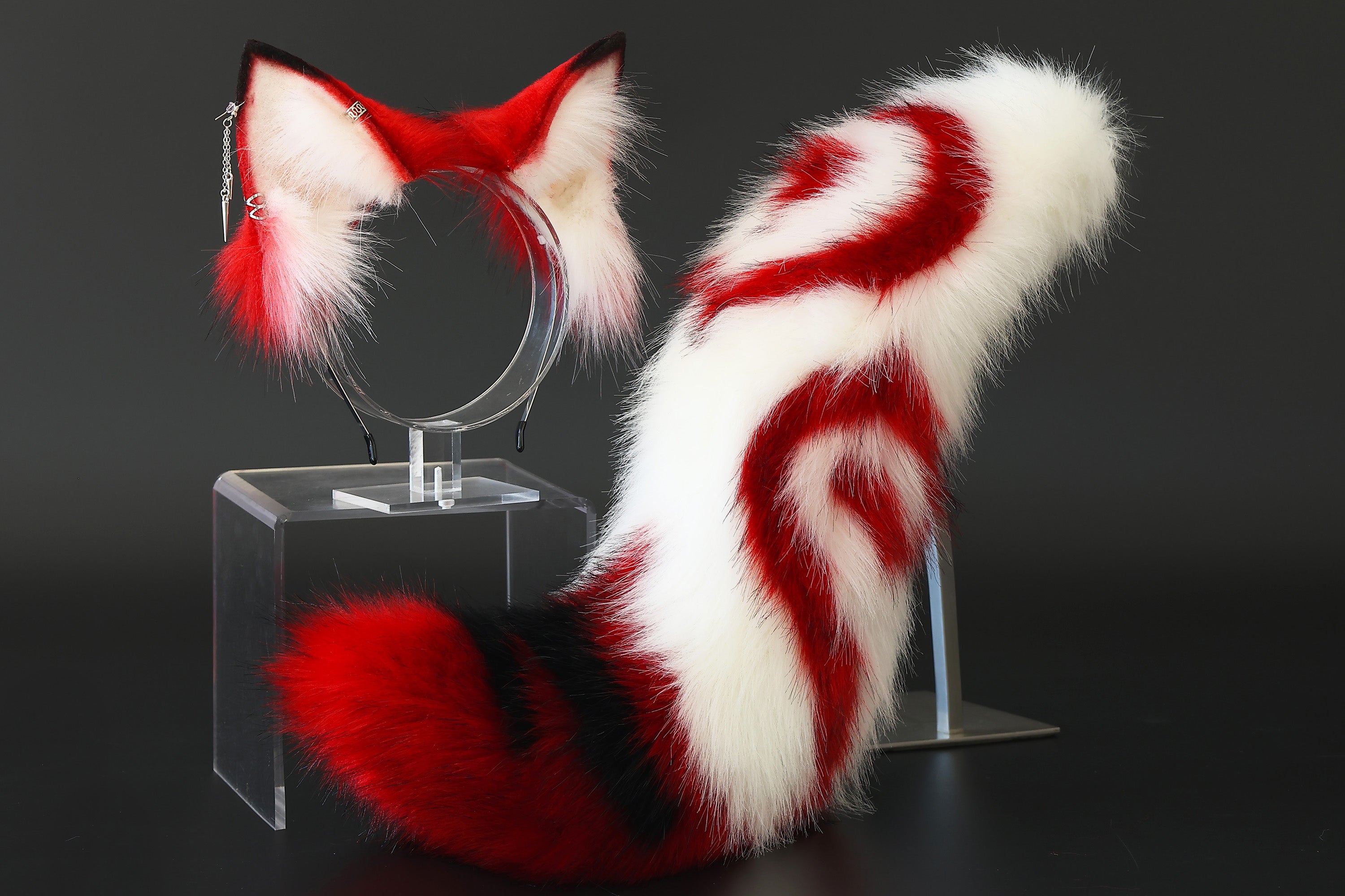 Stitching faux fur red white fox ears and tail curved wolf tail and ears cat tail and ears kitten ears and tail butt plug set anime cosplay role play