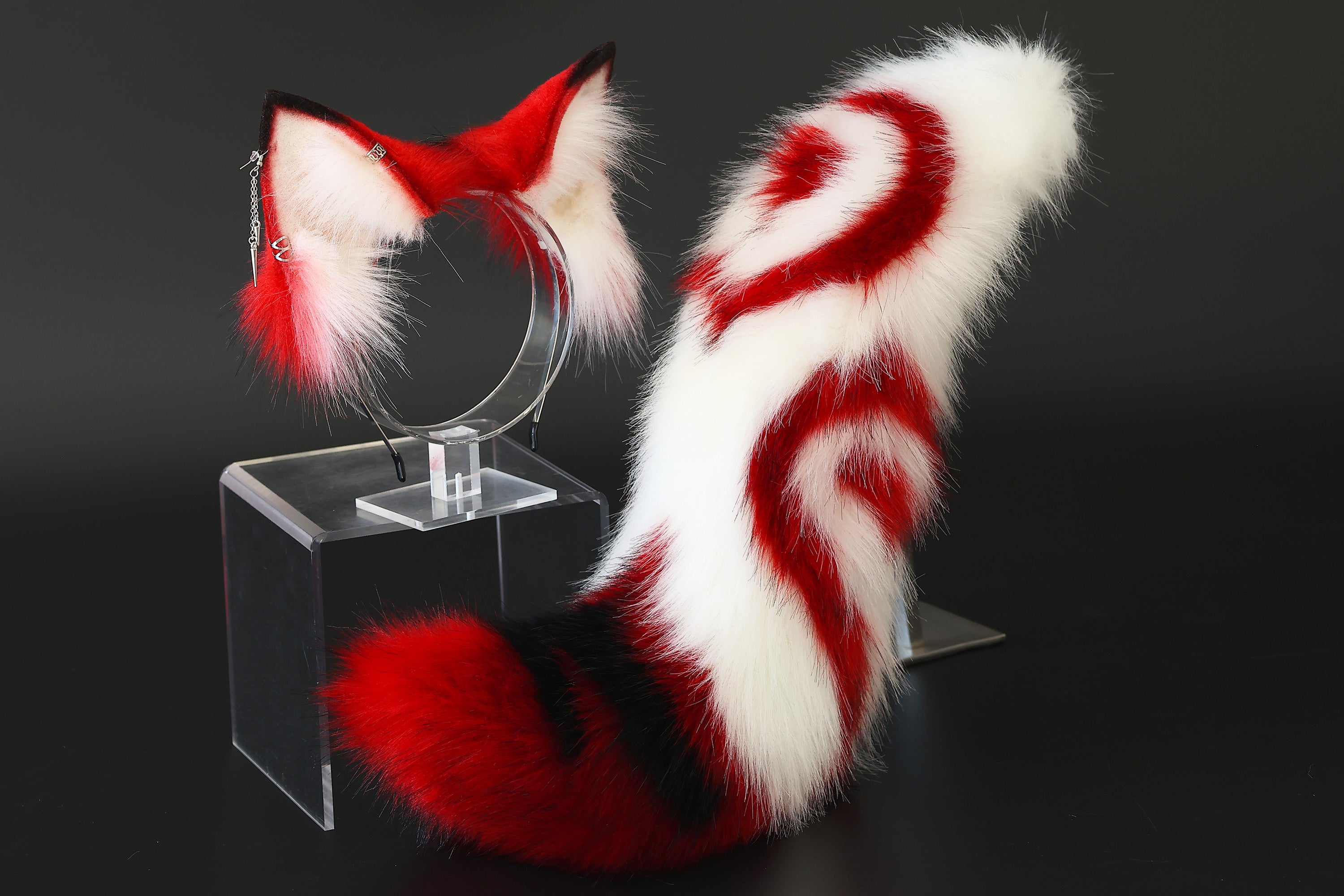 Stitching faux fur red white fox ears and tail curved wolf tail and ears cat tail and ears kitten ears and tail butt plug set anime cosplay role play