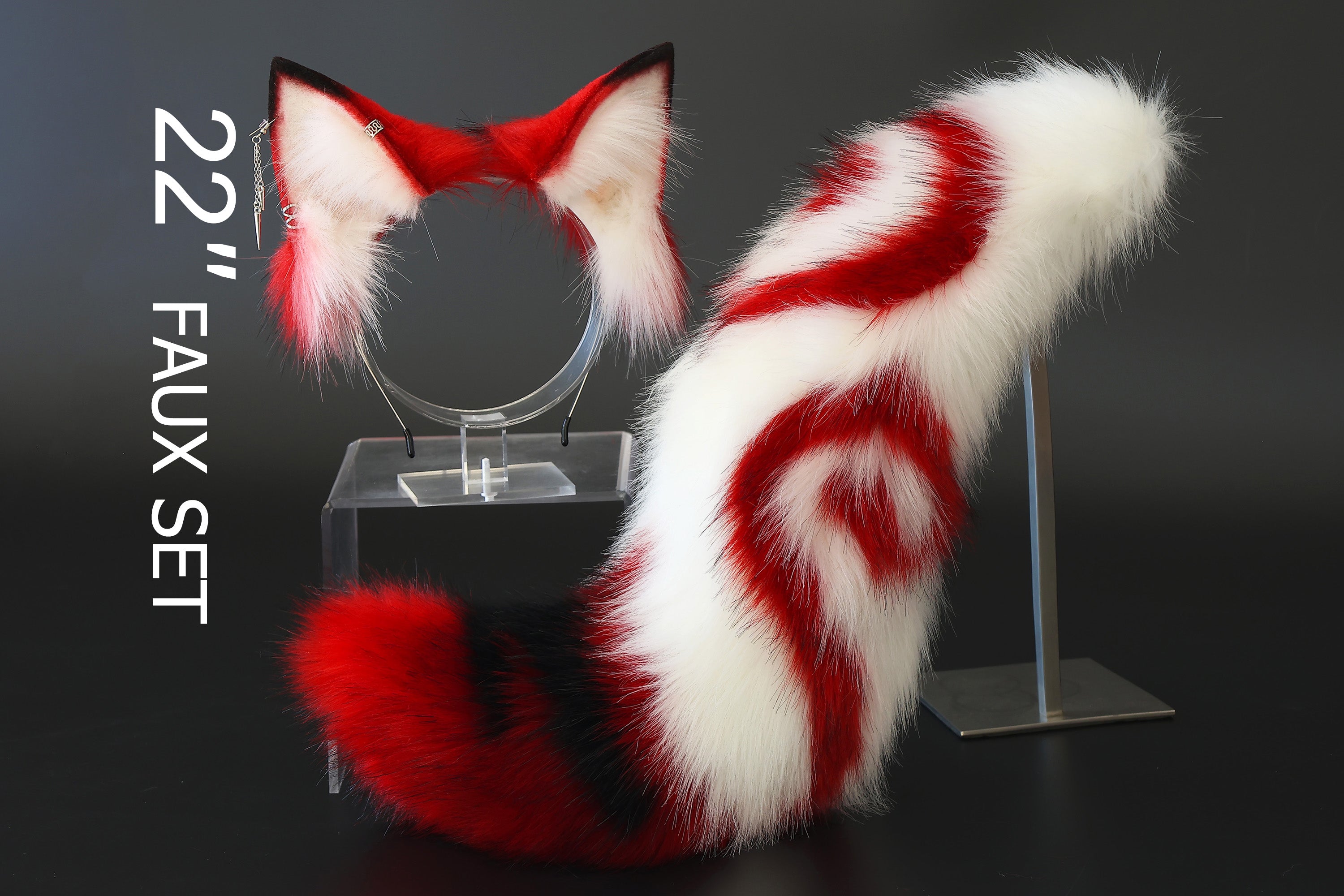 Stitching faux fur red white fox ears and tail curved wolf tail and ears cat tail and ears kitten ears and tail butt plug set anime cosplay role play