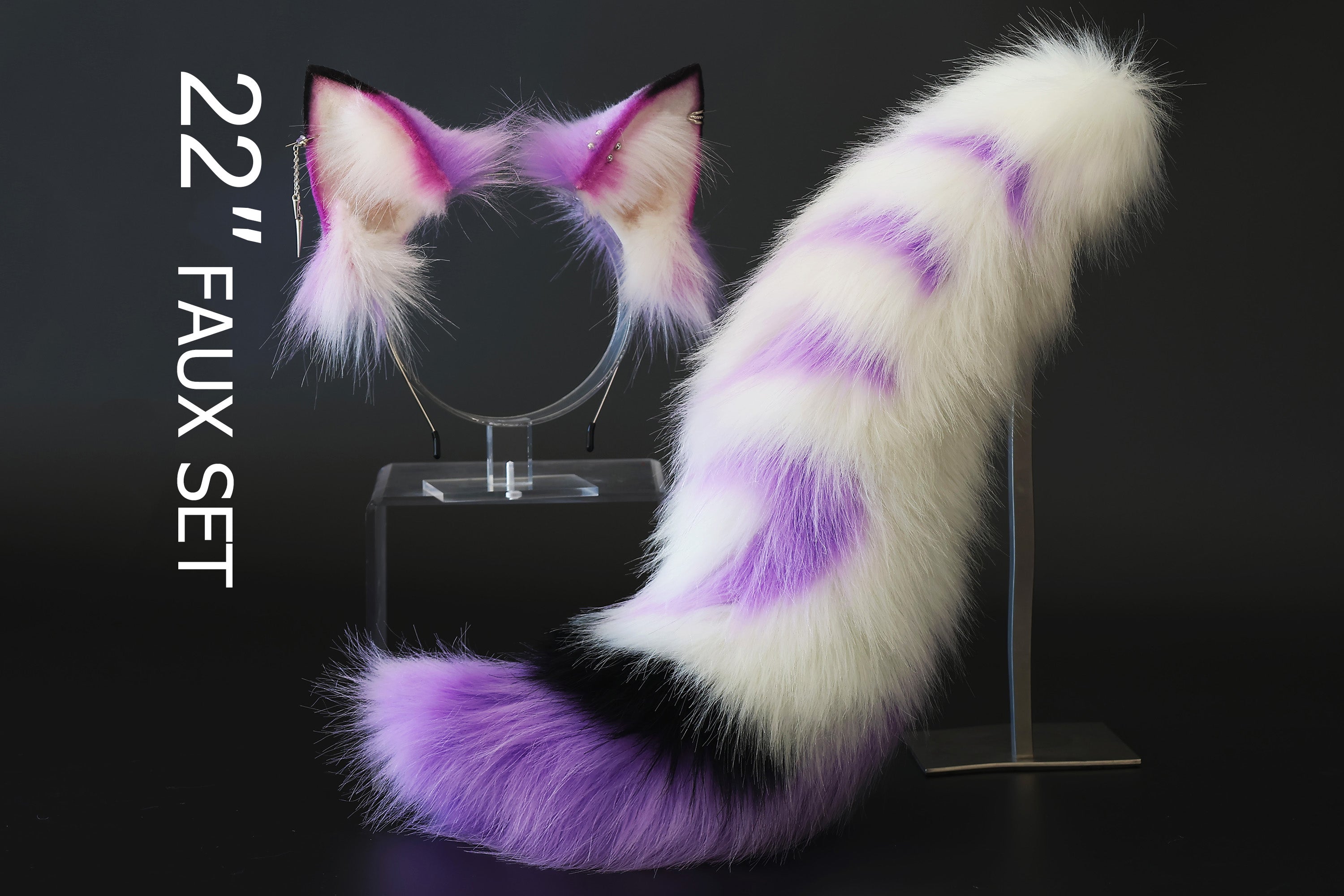 Stitching faux fur purple white fox ear and tail butt plug curved wolf tail and ear cat tail and ear kitten ears and tail set anime cosplay role play
