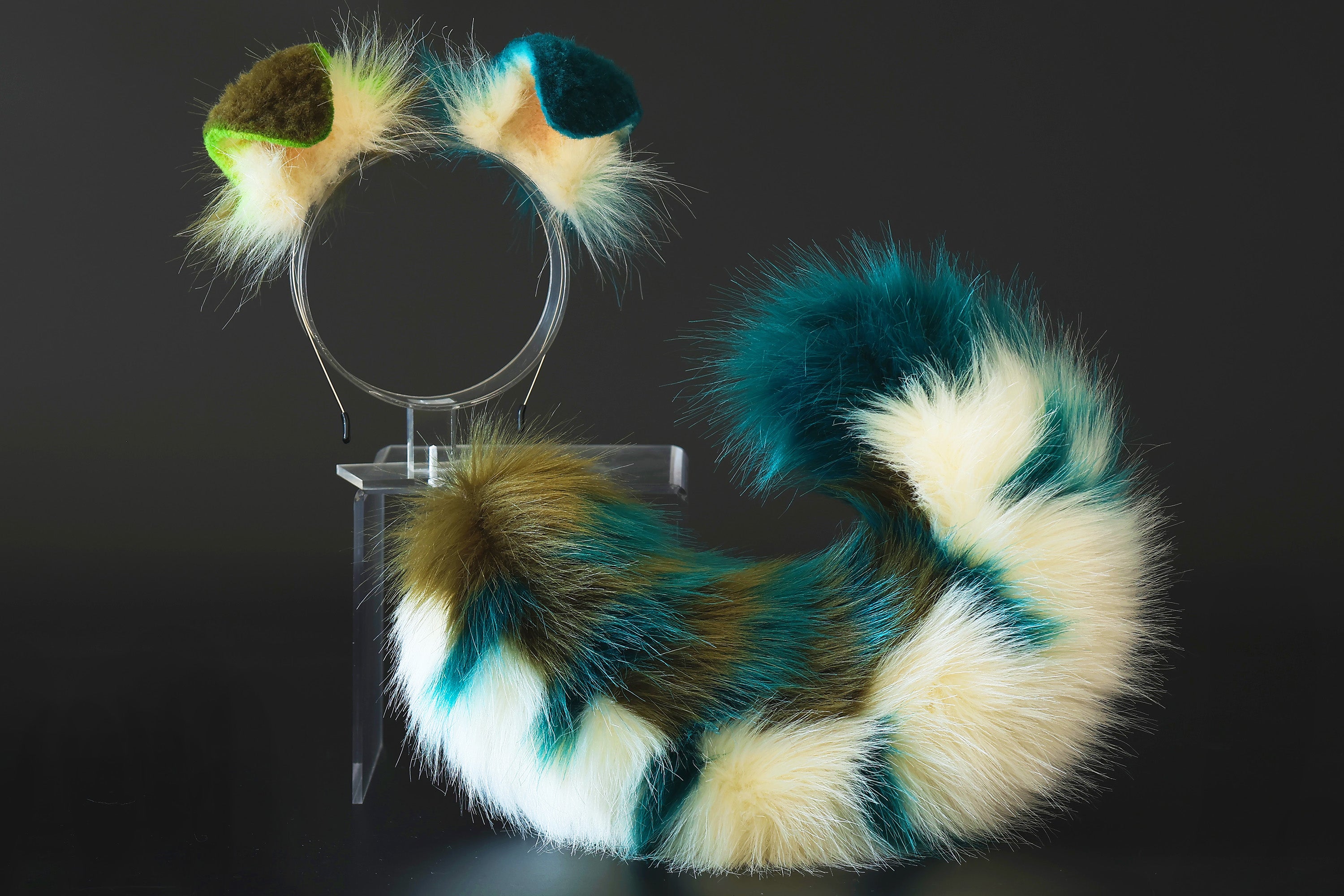 Green white faux fur shepherd dog tail and ear Splicing Shiba Inu dog ear and tail anime cosplay therian puppy ear tail butt plug dog girl kemonomimi puppy furry