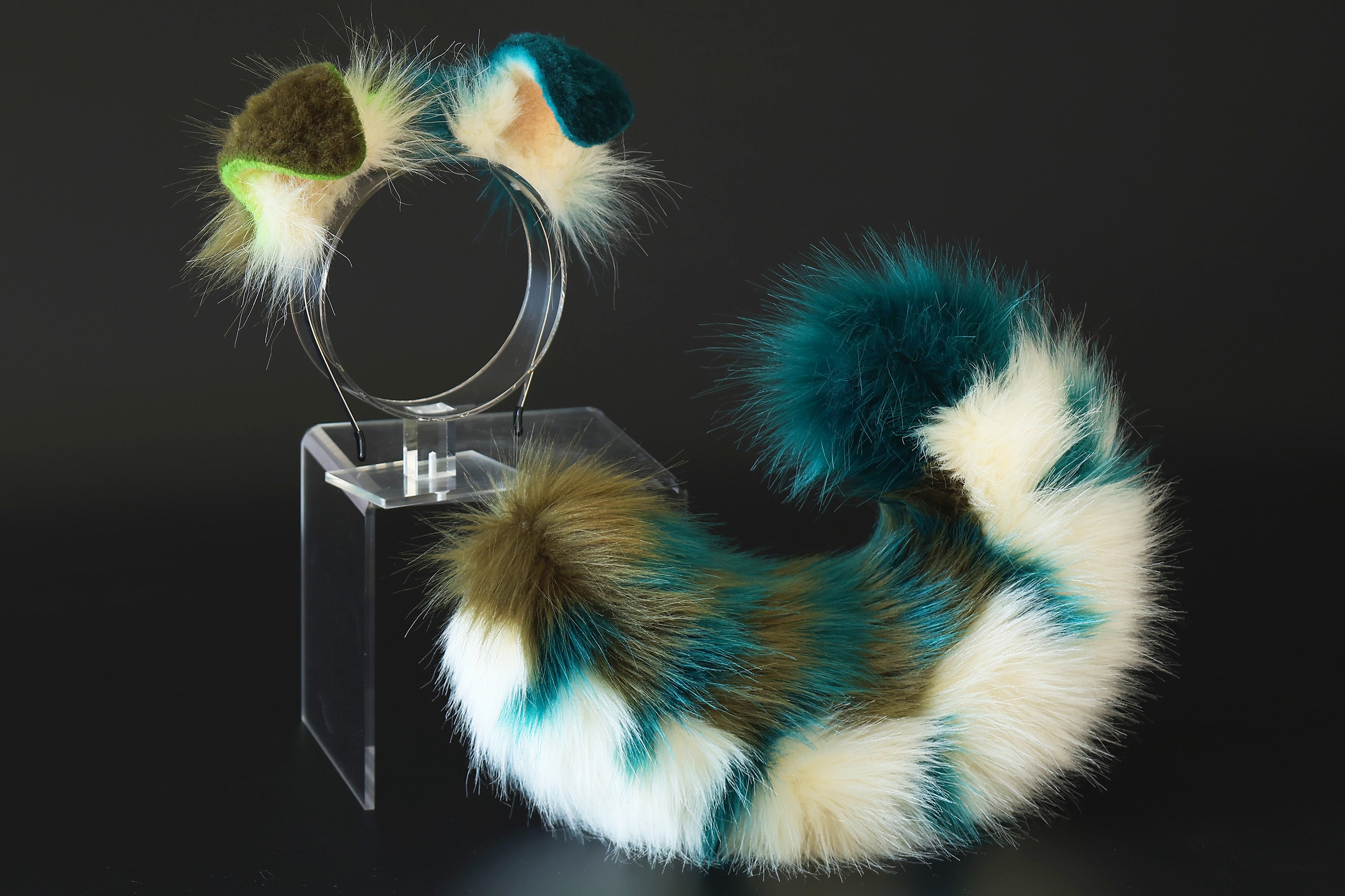 Green white faux fur shepherd dog tail and ear Splicing Shiba Inu dog ear and tail anime cosplay therian puppy ear tail butt plug dog girl kemonomimi puppy furry