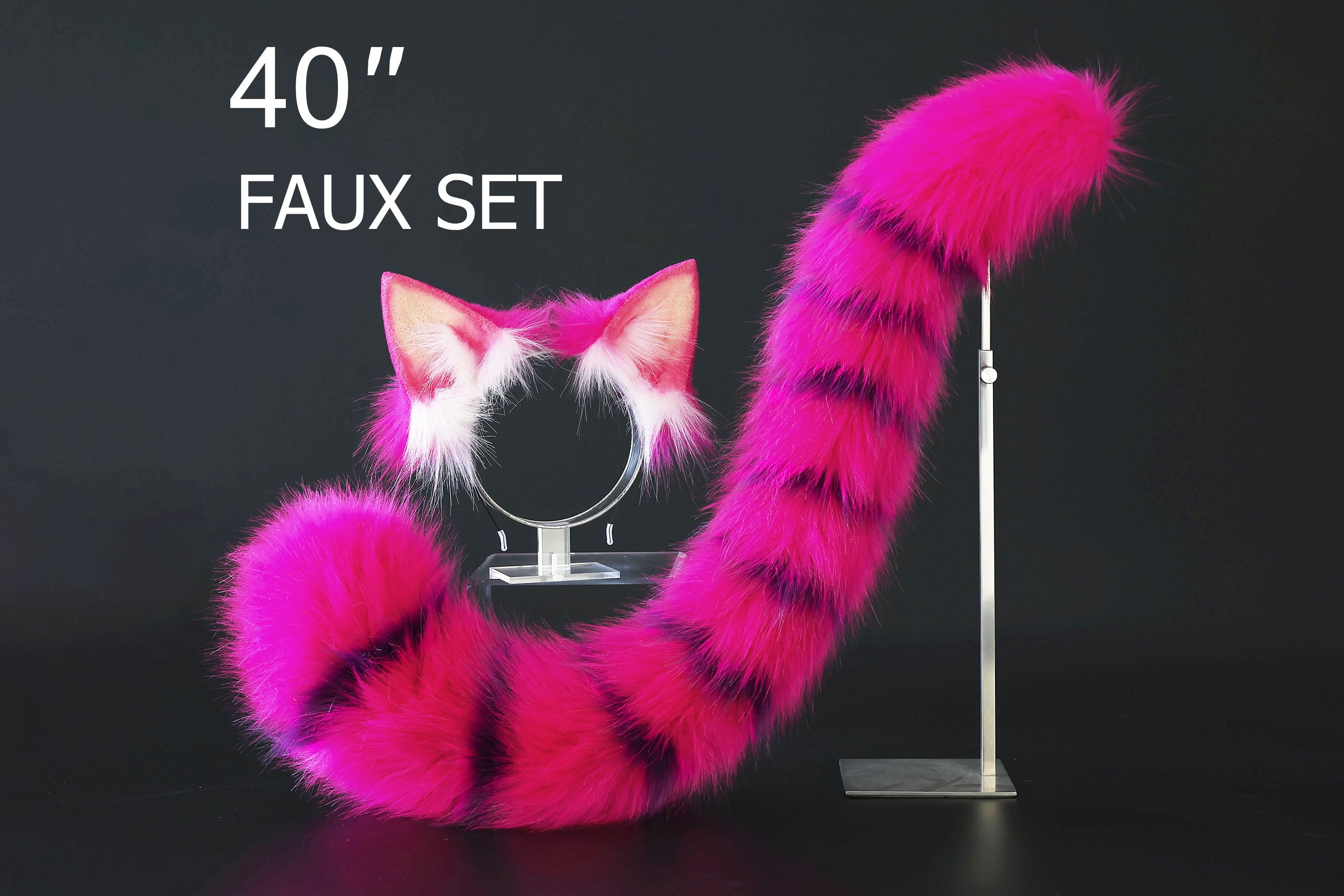 Cheshire cat ear and tail - Alice In Wonderland rose red purple stripes cheshire cat tail and ear cosplay therian kitten kemonomimi furry