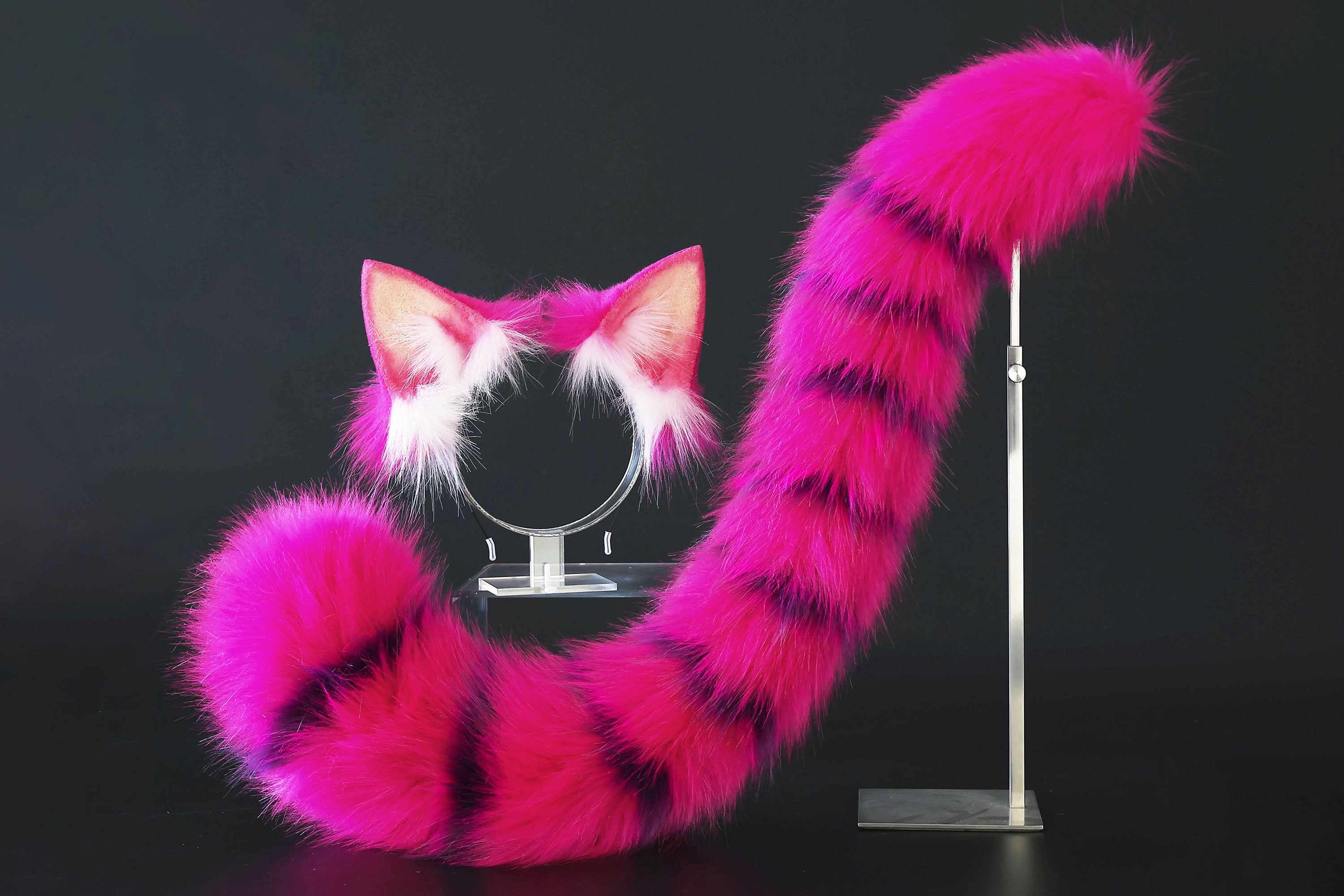 Cheshire cat ear and tail - Alice In Wonderland rose red purple stripes cheshire cat tail and ear cosplay therian kitten kemonomimi furry