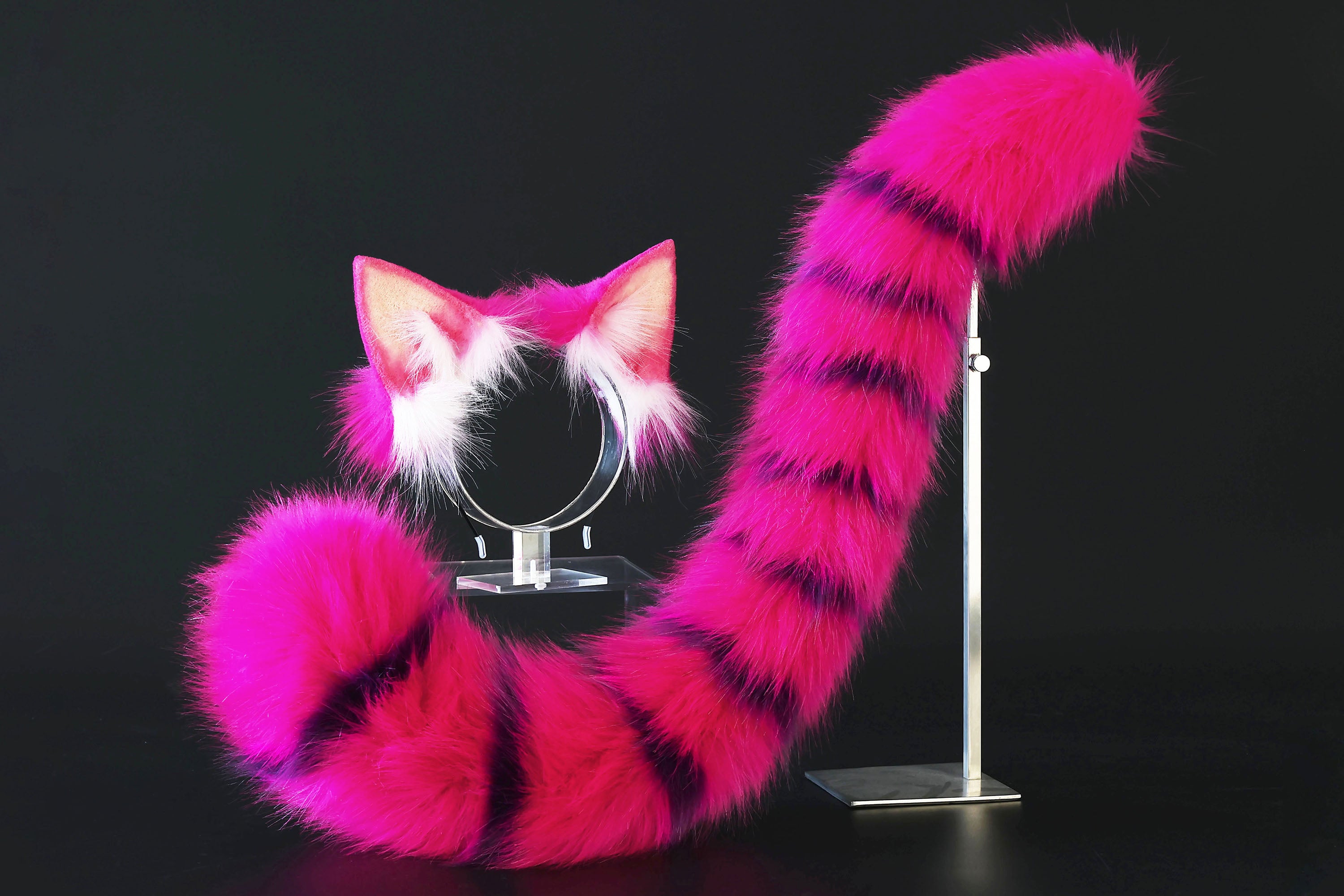 Cheshire cat ear and tail - Alice In Wonderland rose red purple stripes cheshire cat tail and ear cosplay therian kitten kemonomimi furry