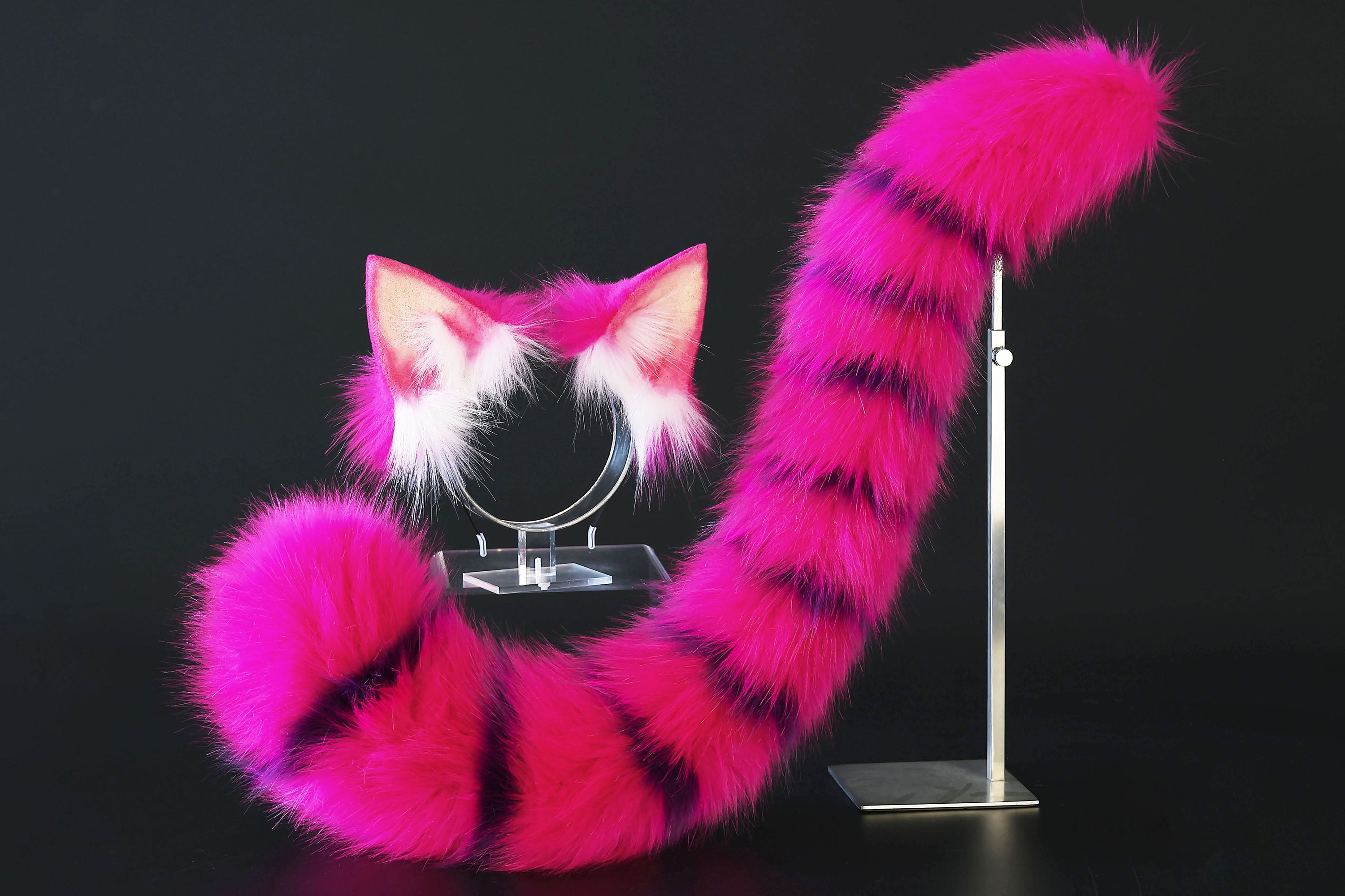 Cheshire cat ear and tail - Alice In Wonderland rose red purple stripes cheshire cat tail and ear cosplay therian kitten kemonomimi furry