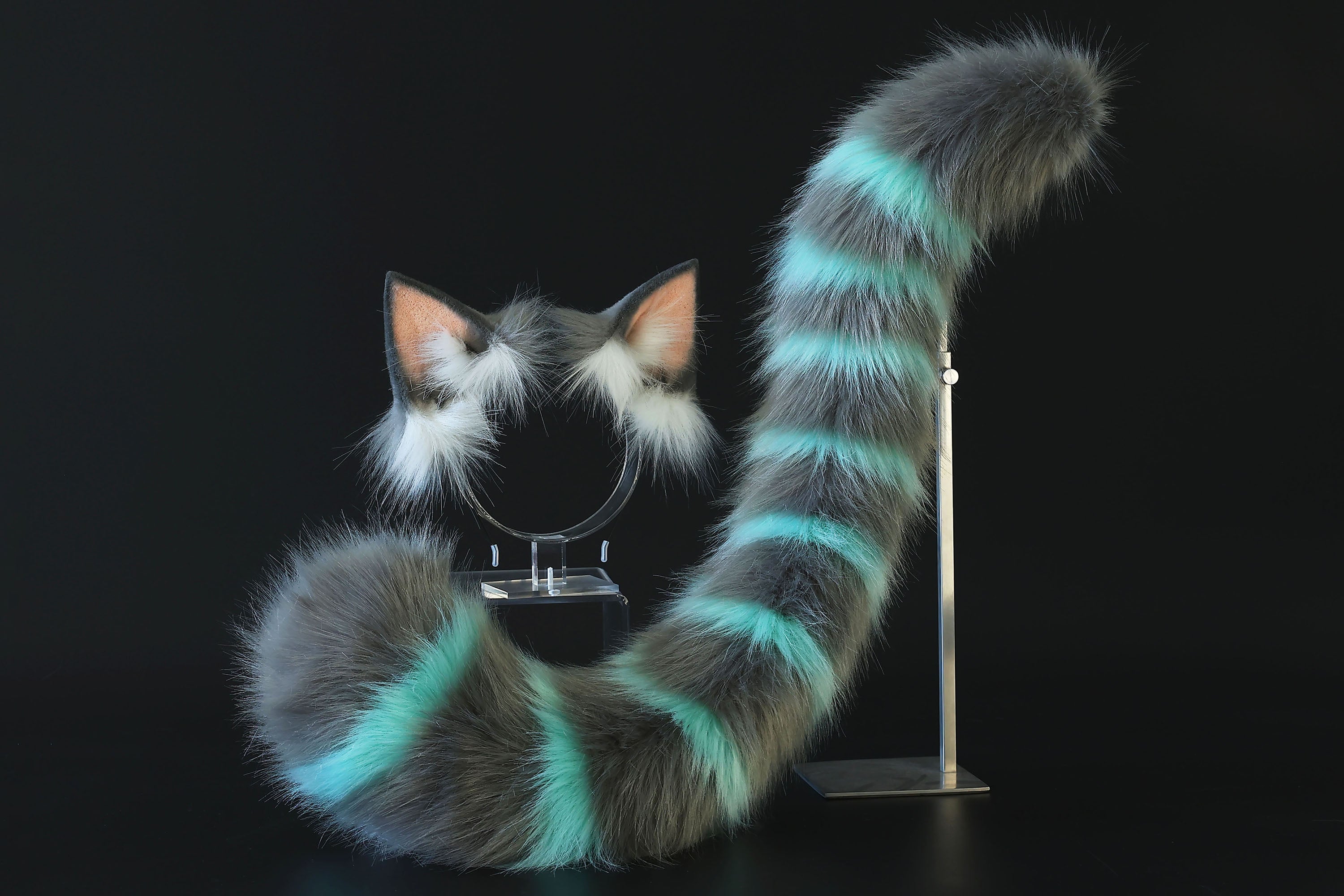 Cheshire cat ear and tail - Alice In Wonderland turquoise stripes cheshire cat tail butt plug and ear cheshire cat cosplay therian kitten kemonomimi