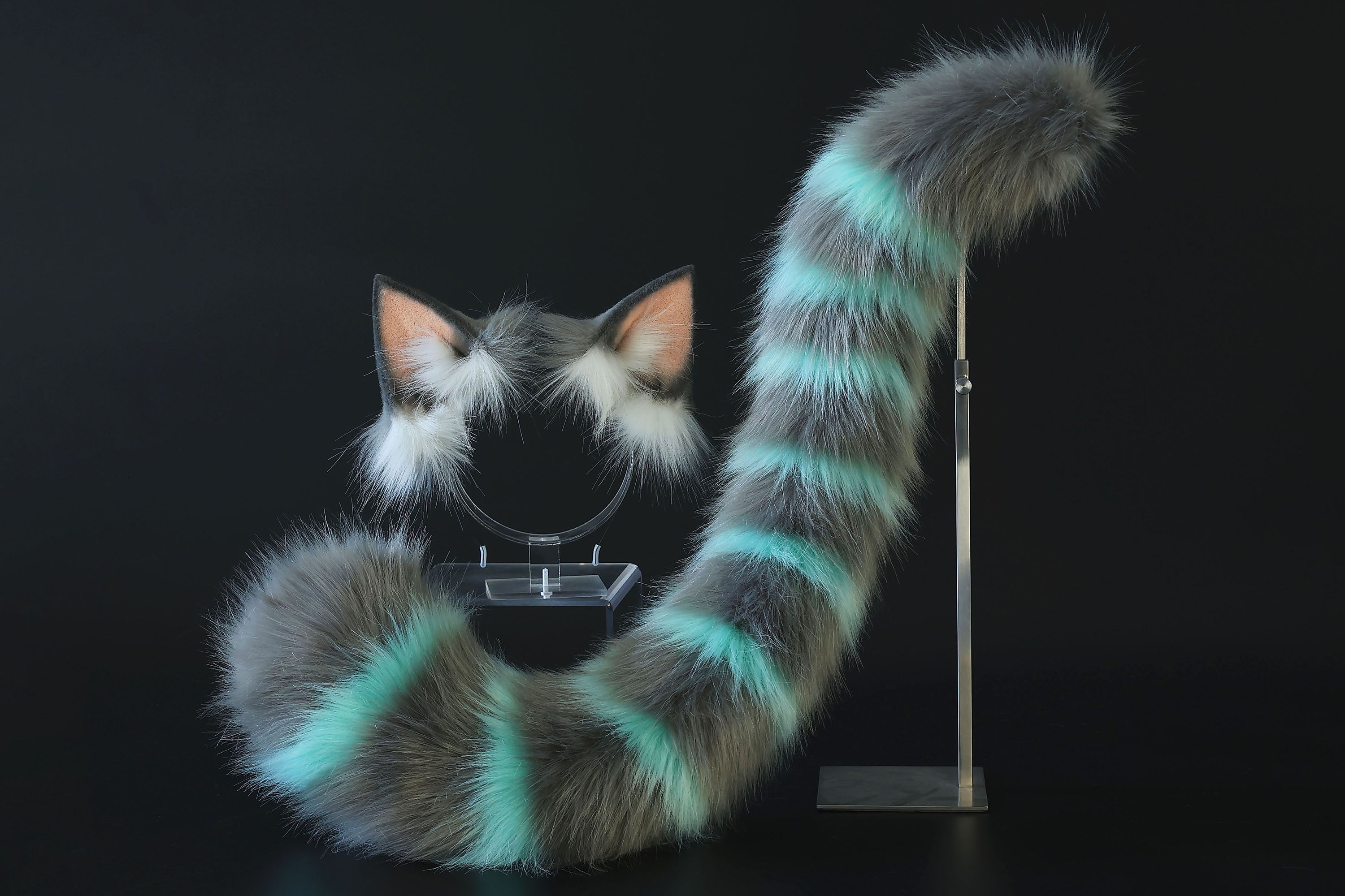 Cheshire cat ear and tail - Alice In Wonderland turquoise stripes cheshire cat tail butt plug and ear cheshire cat cosplay therian kitten kemonomimi