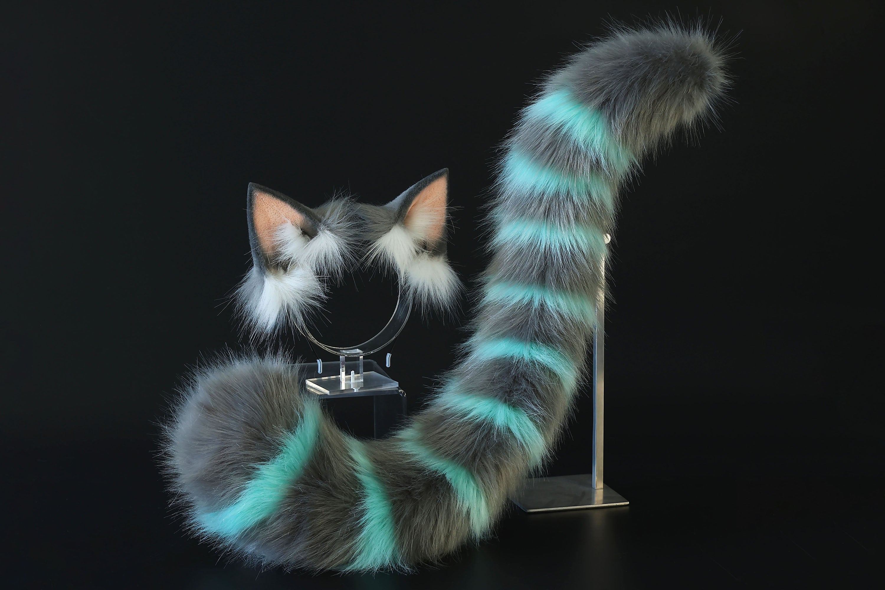 Cheshire cat ear and tail - Alice In Wonderland turquoise stripes cheshire cat tail butt plug and ear cheshire cat cosplay therian kitten kemonomimi