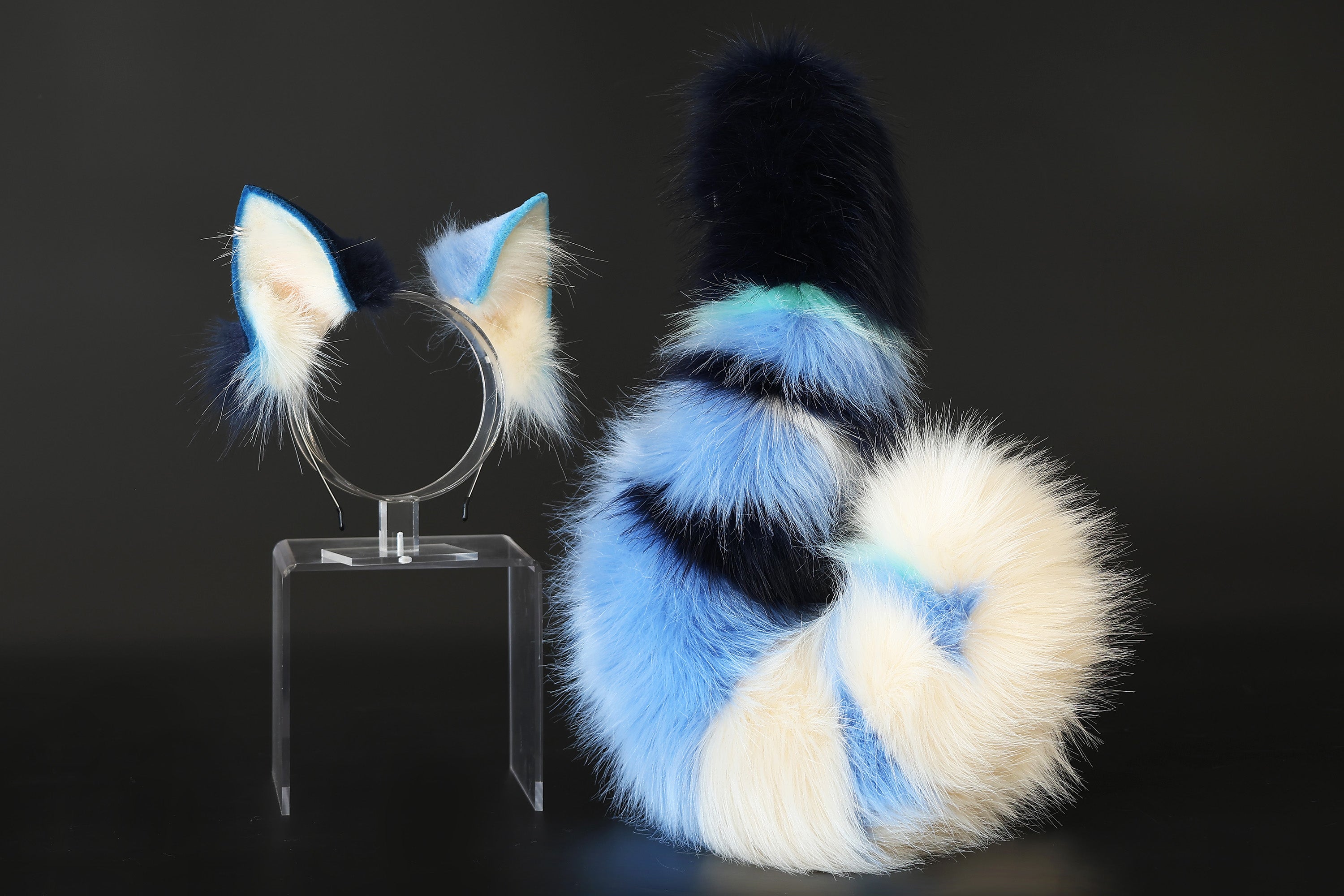 Faux fur cat tail and ear set blue white black kitten ear and tail butt plug anime cosplay therian fox ear and tail wolf ear and tail cat kemonomimi kitten