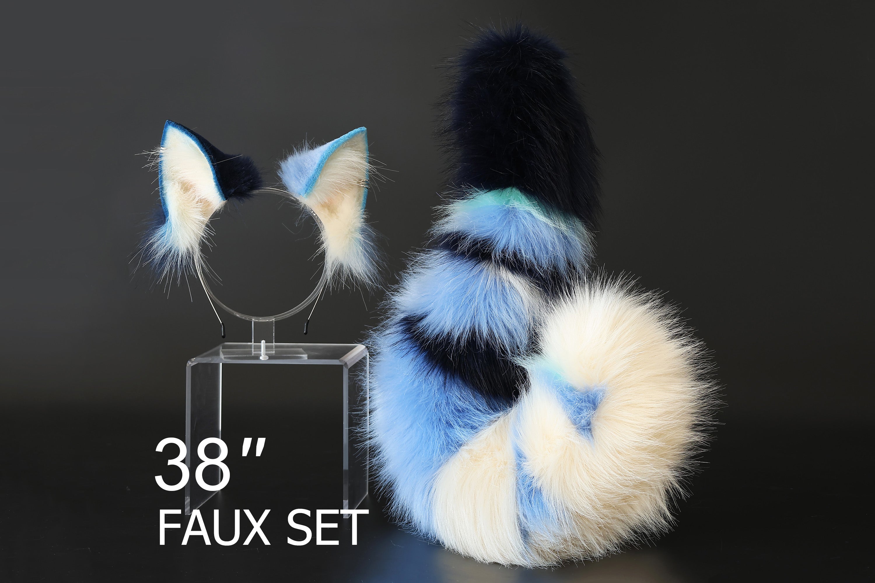 Faux fur cat tail and ear set blue white black kitten ear and tail butt plug anime cosplay therian fox ear and tail wolf ear and tail cat kemonomimi kitten