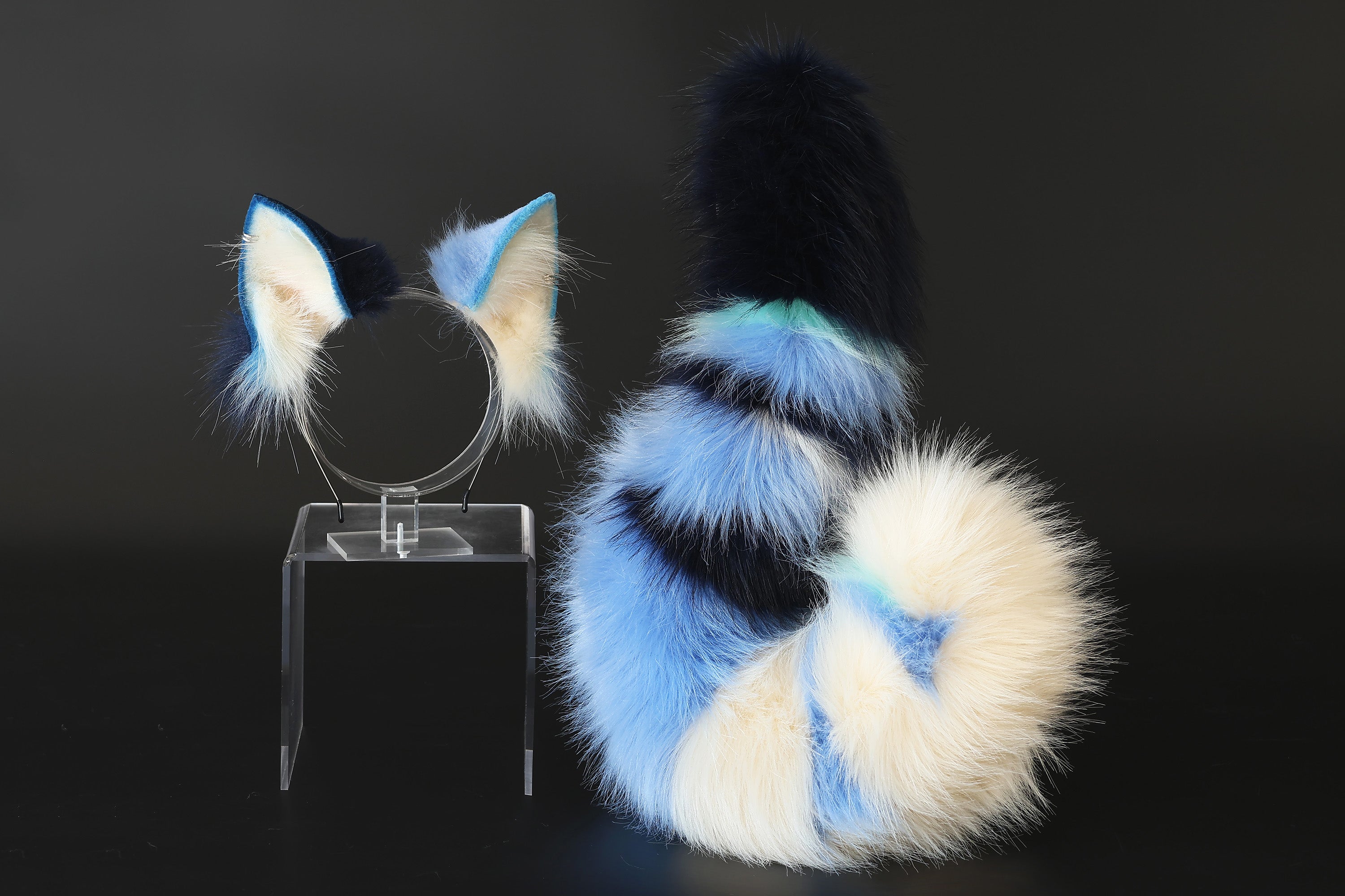 Faux fur cat tail and ear set blue white black kitten ear and tail butt plug anime cosplay therian fox ear and tail wolf ear and tail cat kemonomimi kitten