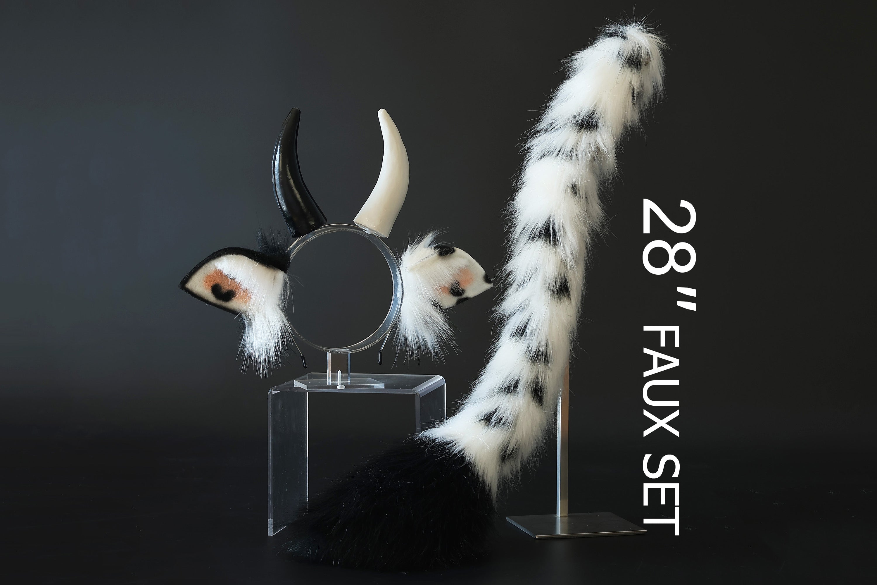 Faux fur cow costume ears and tail butt plug cow kemonomimi cow cosplay white black cow ears with horns therian anime cosplay christmas gift birthday