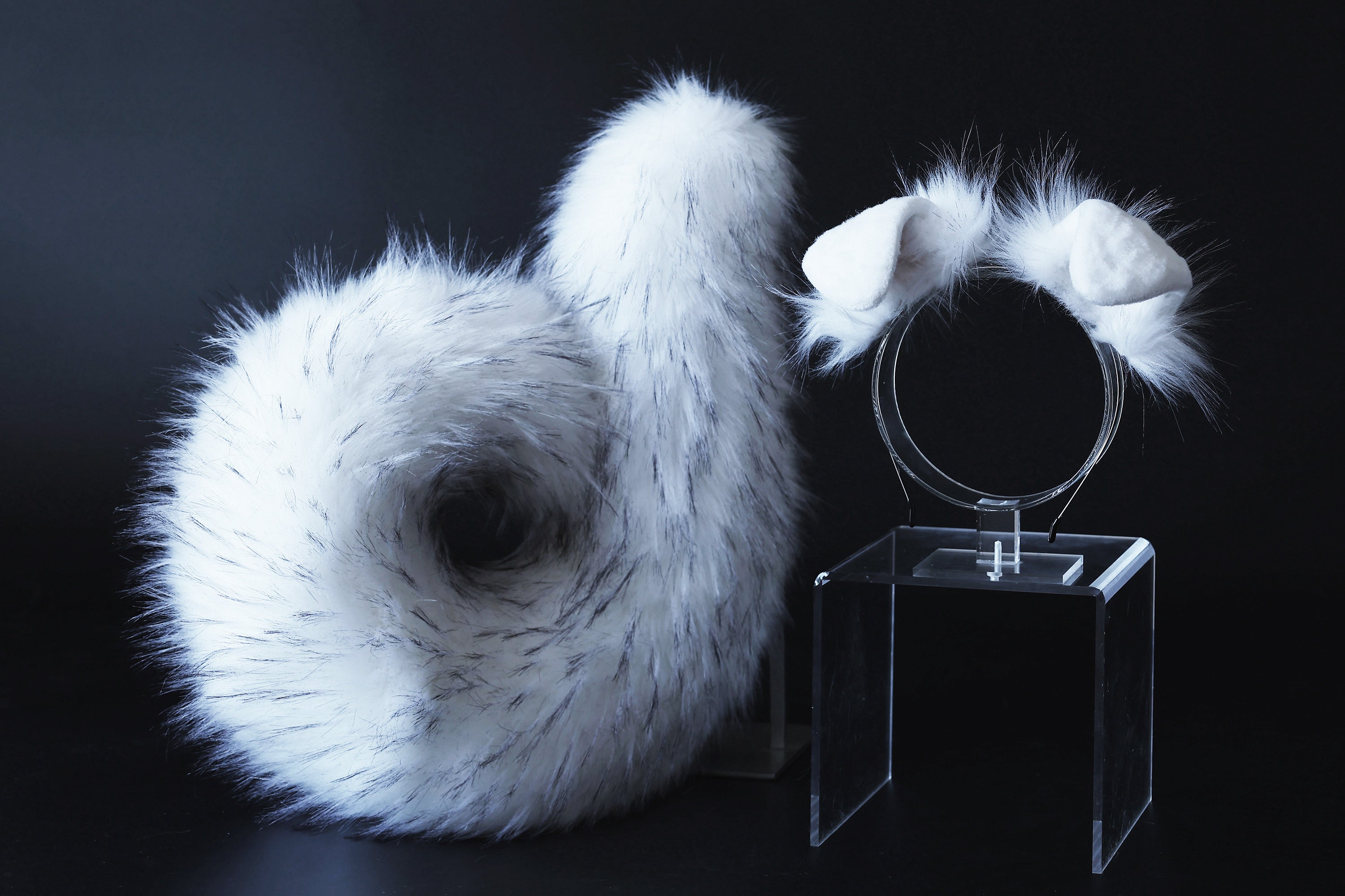 Faux fur puppy ear and tail plug realistic white with black tip fake fur furry shiba Inu dog tail and ears anime cosplay shepherd dog kemonomimi puppy play dog therian