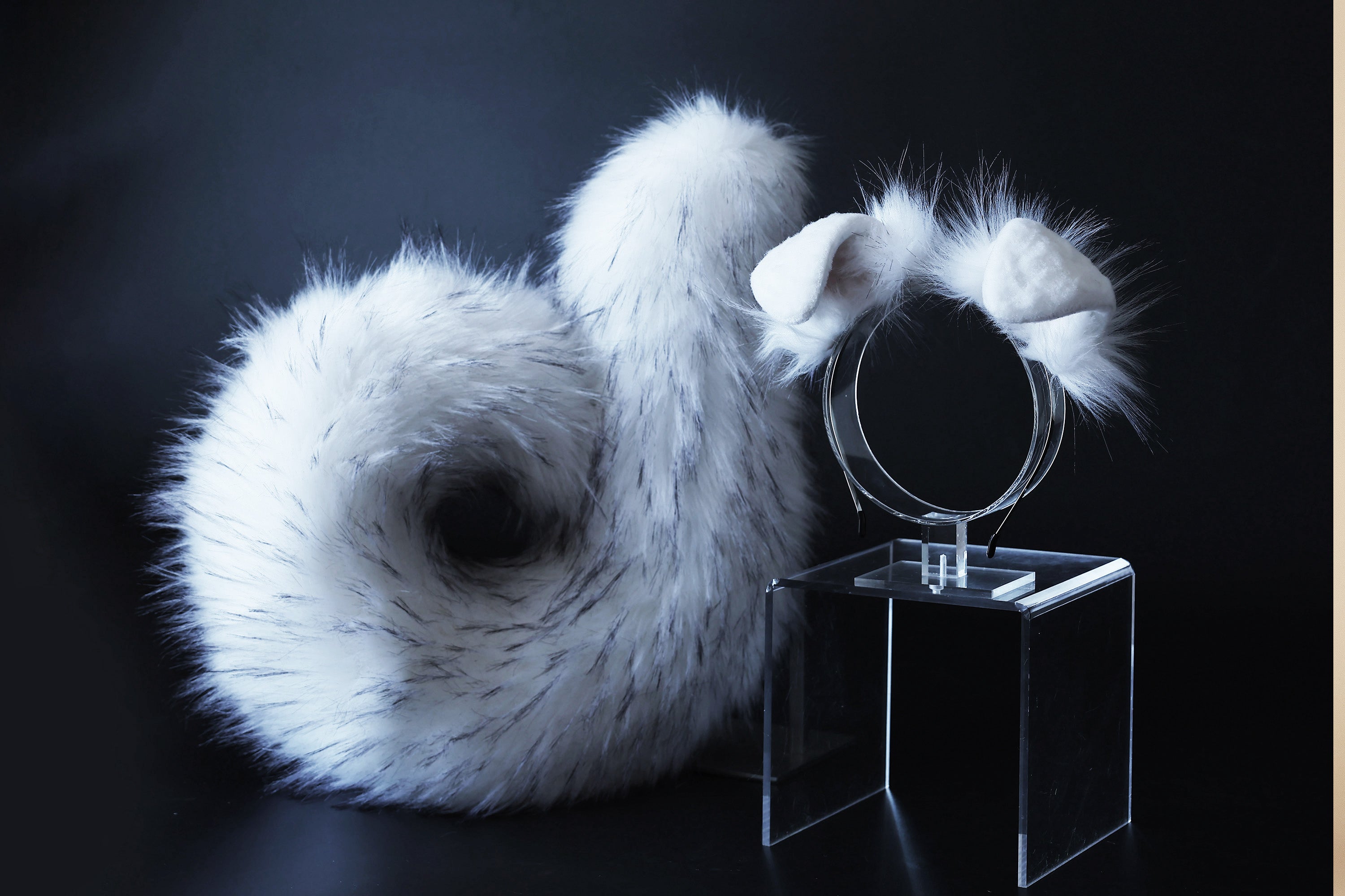 Faux fur puppy ear and tail plug realistic white with black tip fake fur furry shiba Inu dog tail and ears anime cosplay shepherd dog kemonomimi puppy play dog therian