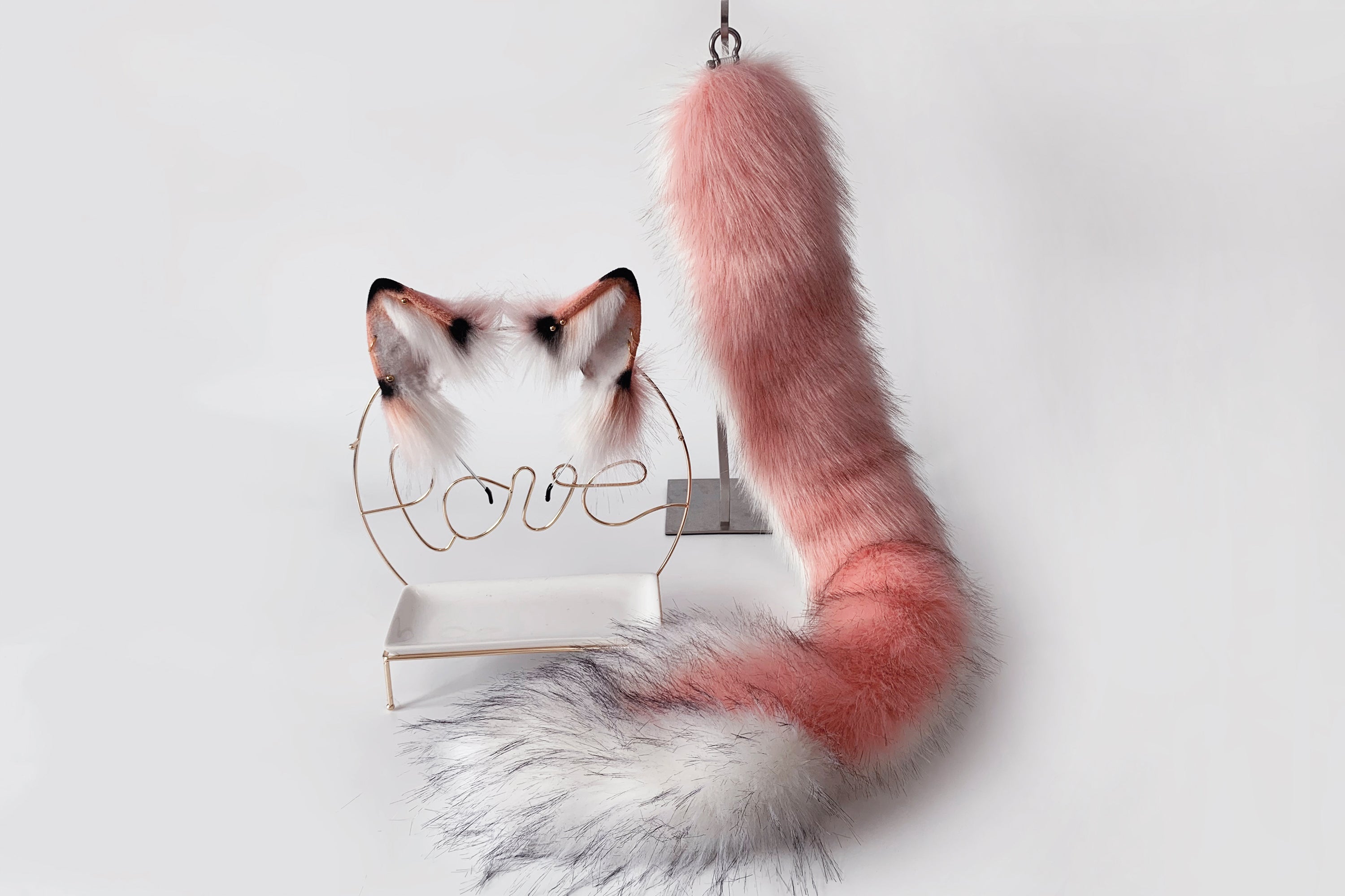 Pink dragon tug tail plug and ear set anime cosplay fluffy tipped dragon wirin wickerbeast fursuit tail furry tail butt plug lolita