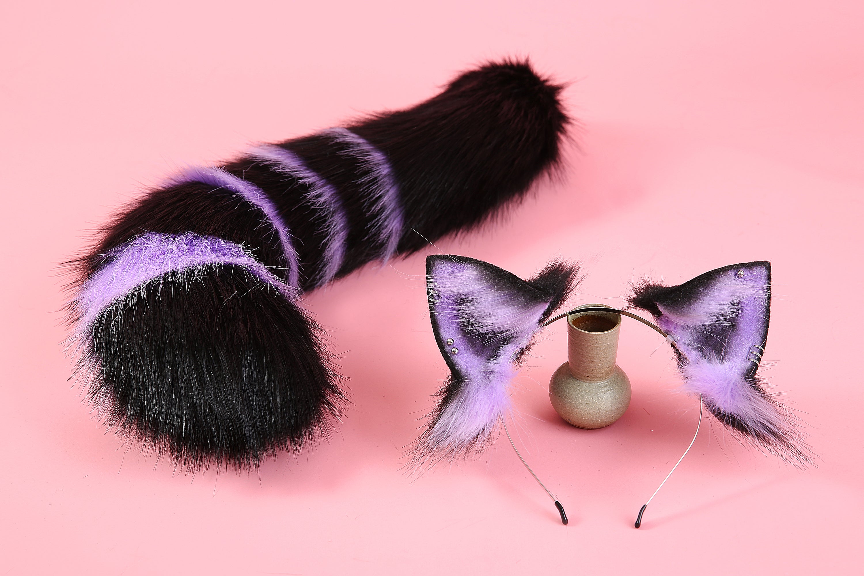 Purple kitten ear and tail set cat ear headband and tail