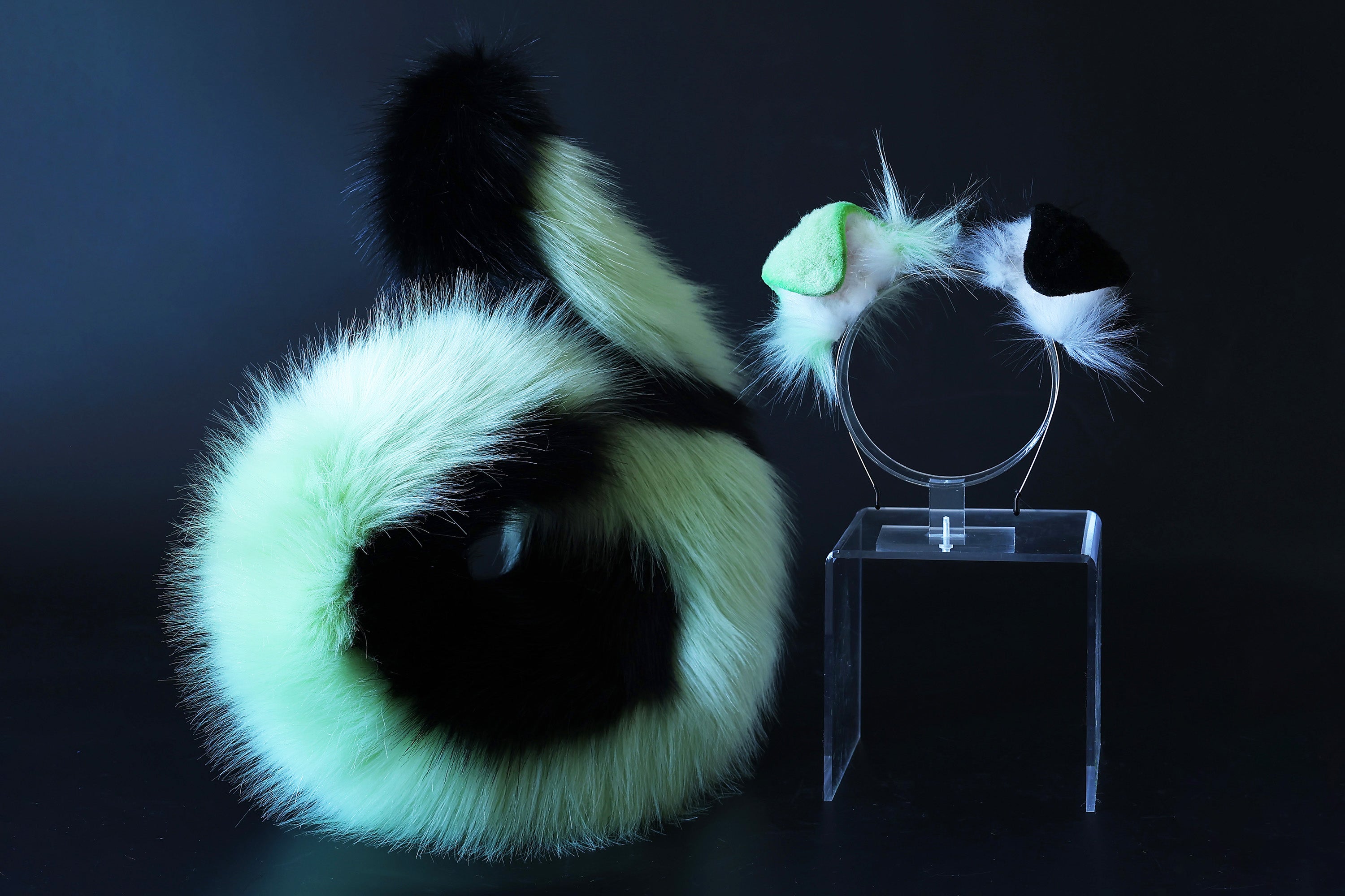 Green black faux fur puppy ear and tail kemonomimi shepherd dog tail and ear set shiba Inu dog ear and tail plug curved anime cosplay puppy play