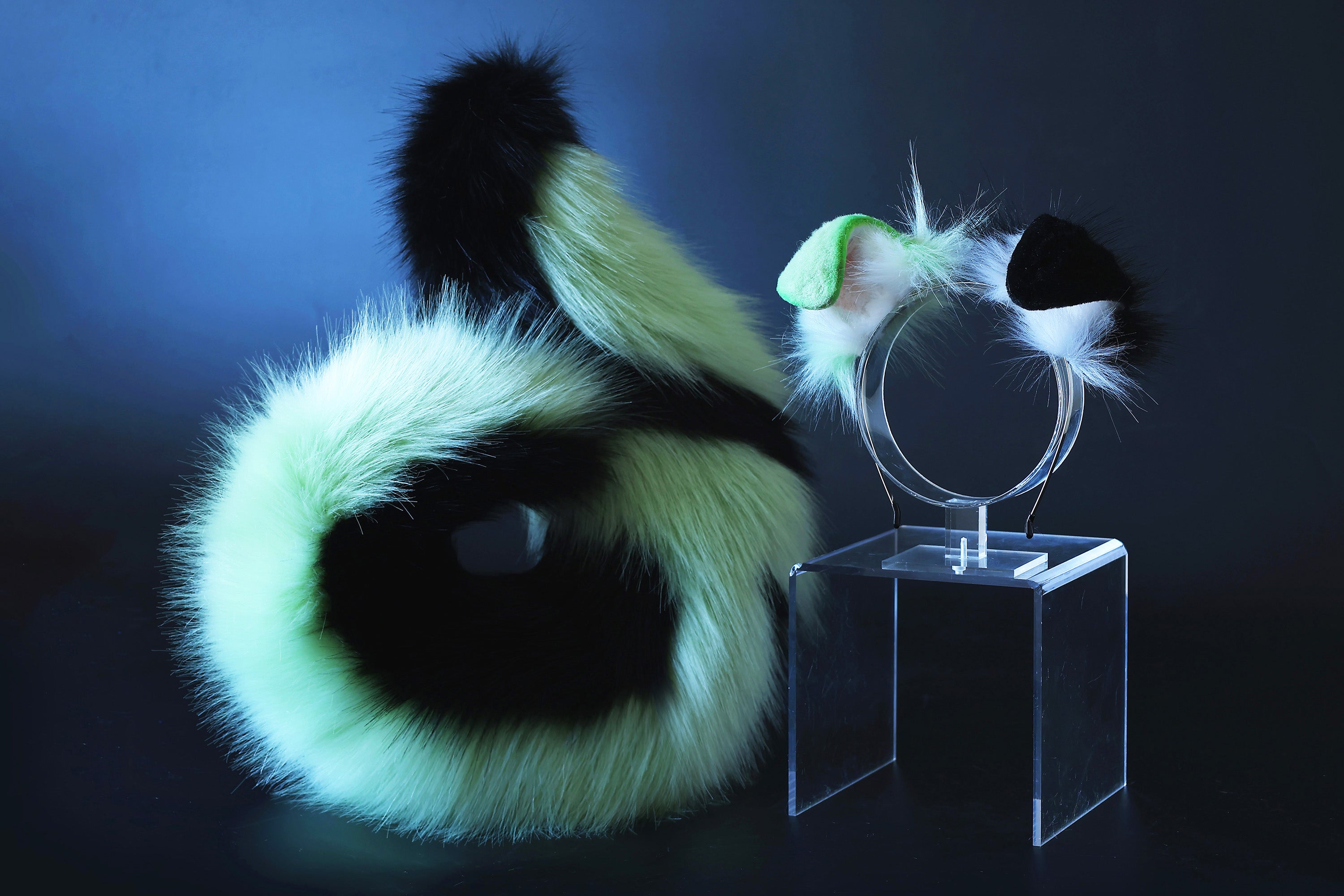 Green black faux fur puppy ear and tail kemonomimi shepherd dog tail and ear set shiba Inu dog ear and tail plug curved anime cosplay puppy play