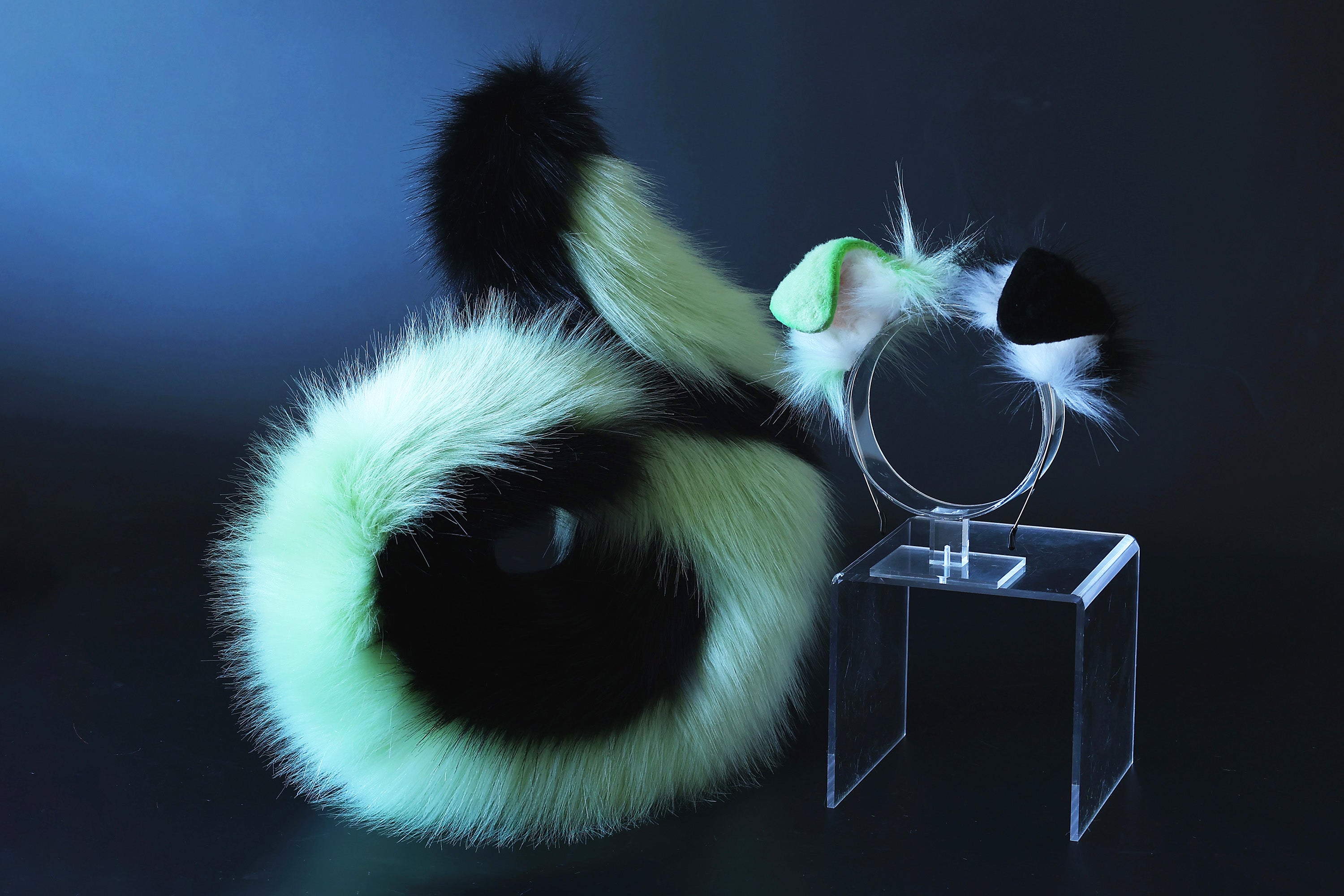 Green black faux fur puppy ear and tail kemonomimi shepherd dog tail and ear set shiba Inu dog ear and tail plug curved anime cosplay puppy play