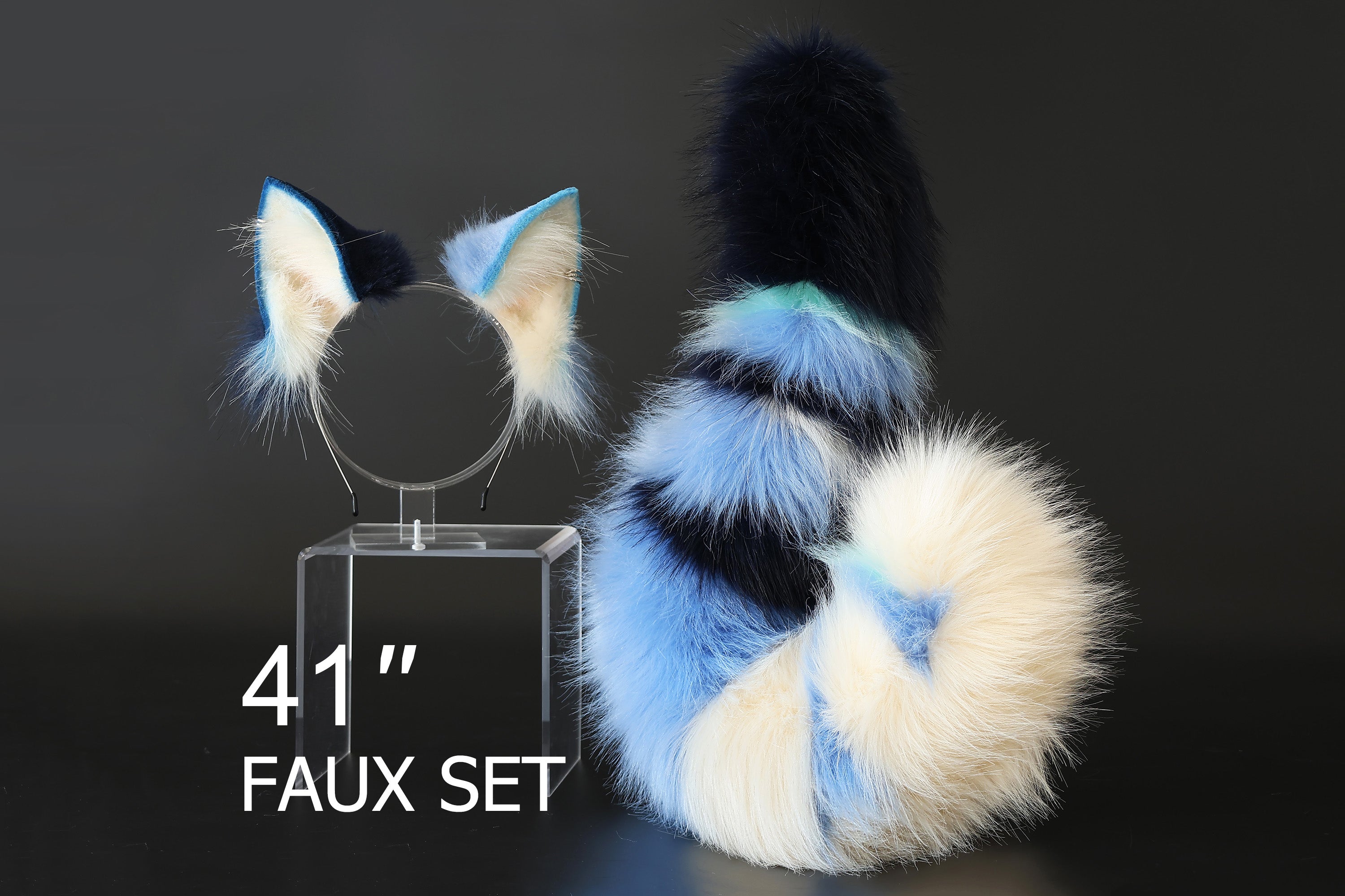 Faux fur cat tail and ear set blue white black kitten ear and tail butt plug anime cosplay therian fox ear and tail wolf ear and tail cat kemonomimi kitten