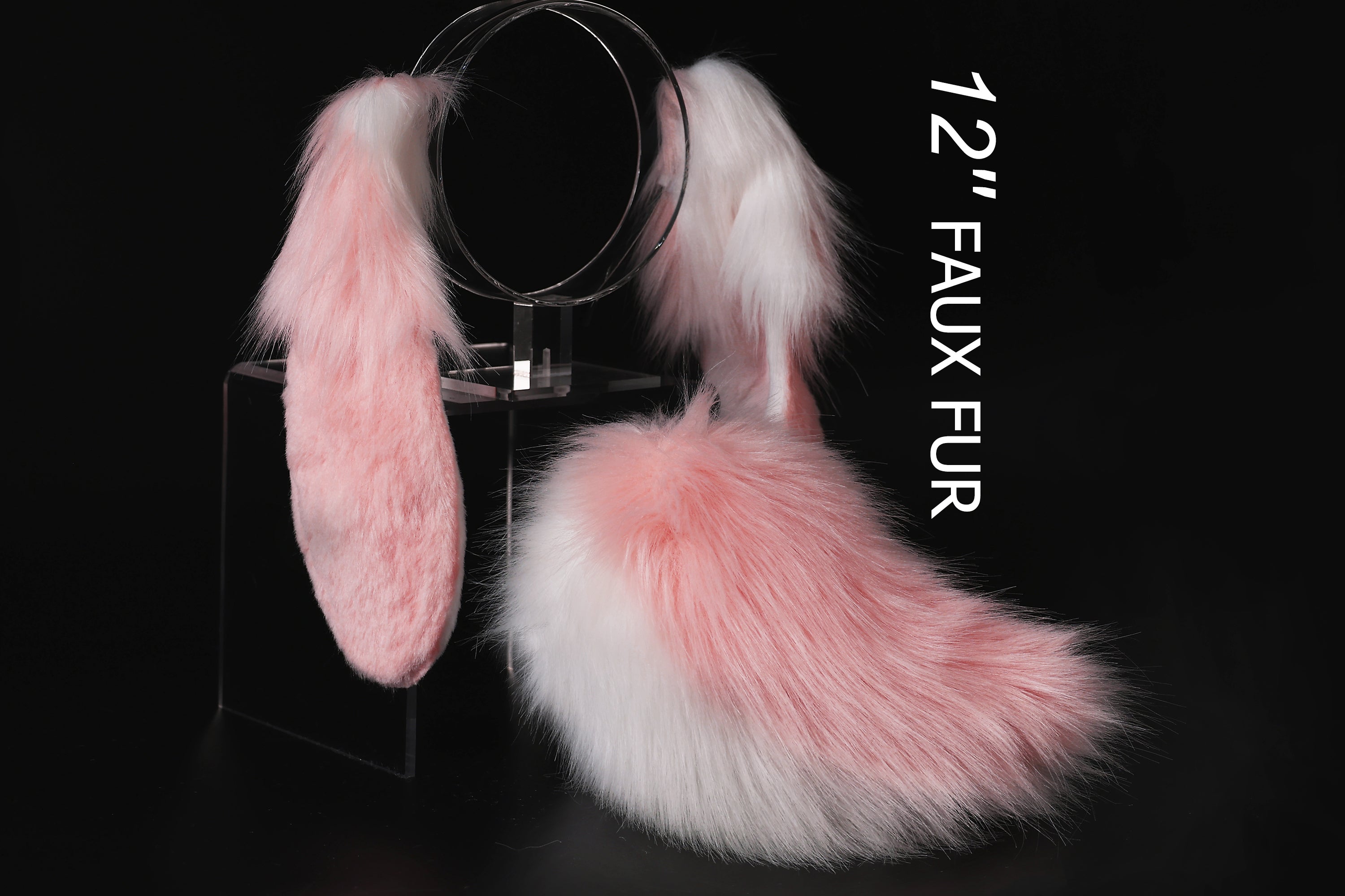 Pink white soft lop bunny ear and tail cosplay realistic faux fur floppy rabbit ears tail set bunny kemonomim rabbit therian