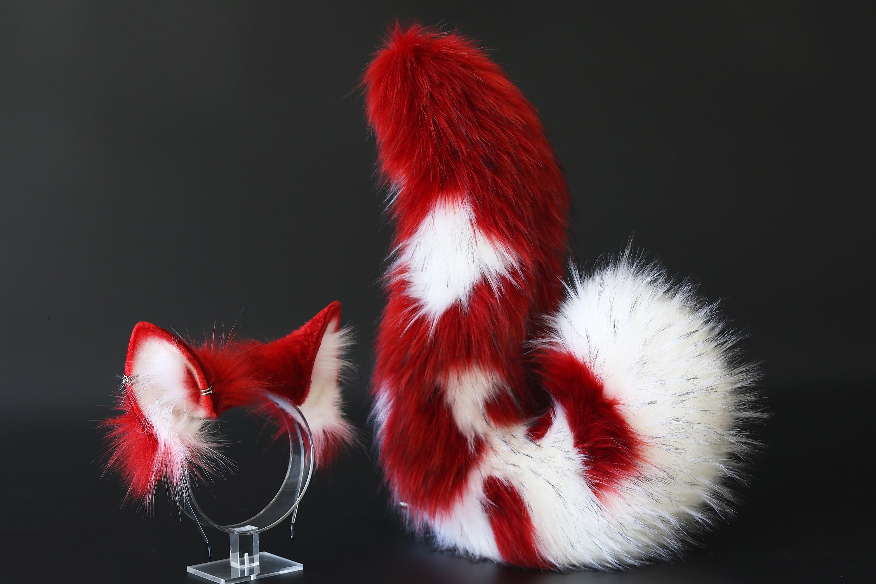 Red white faux fur shepherd dog tail and ear set Shiba Inu dog ear and tail butt plug anime cosplay therian puppy ear and tail puppy girl kemonomimi