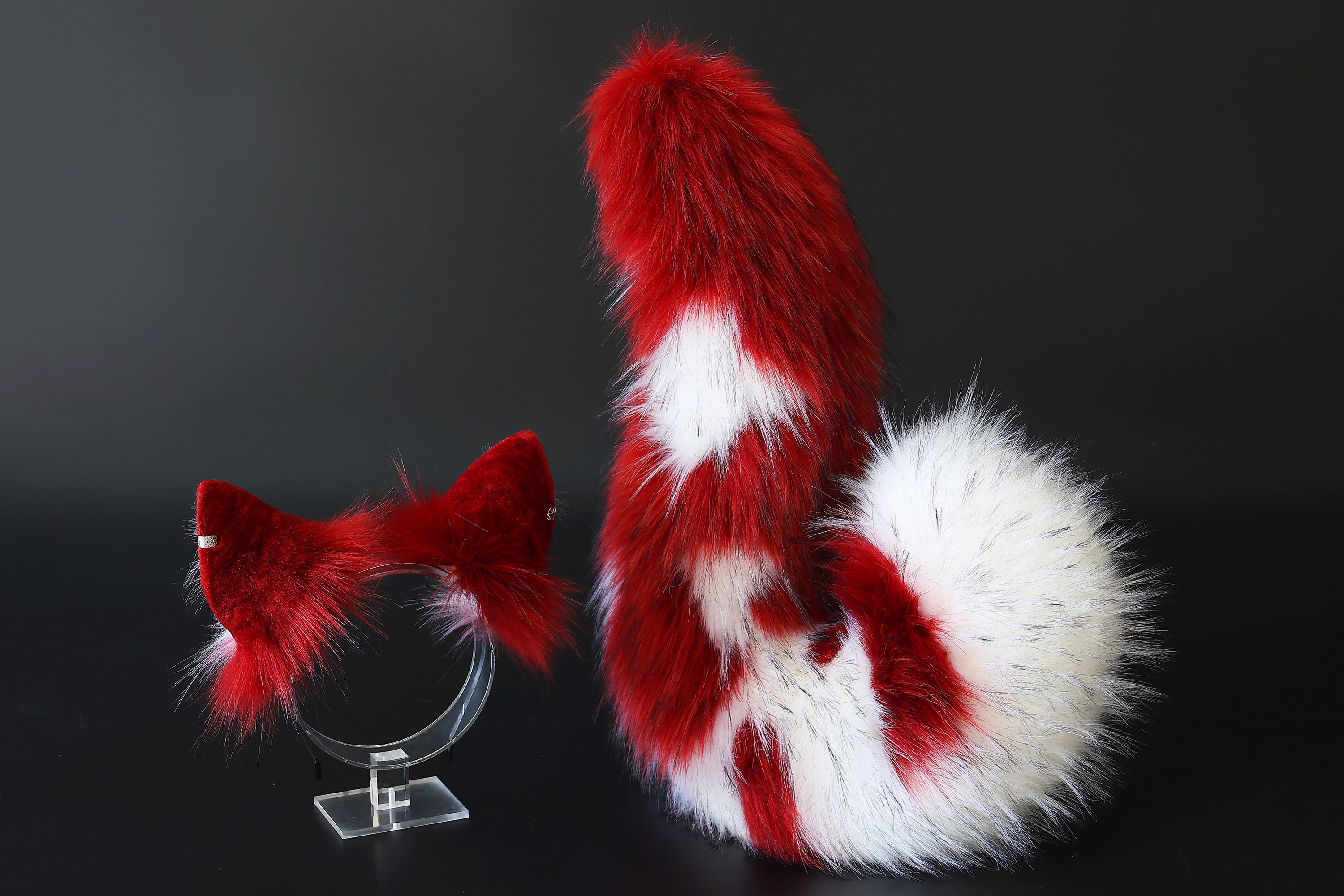 Red white faux fur shepherd dog tail and ear set Shiba Inu dog ear and tail butt plug anime cosplay therian puppy ear and tail puppy girl kemonomimi