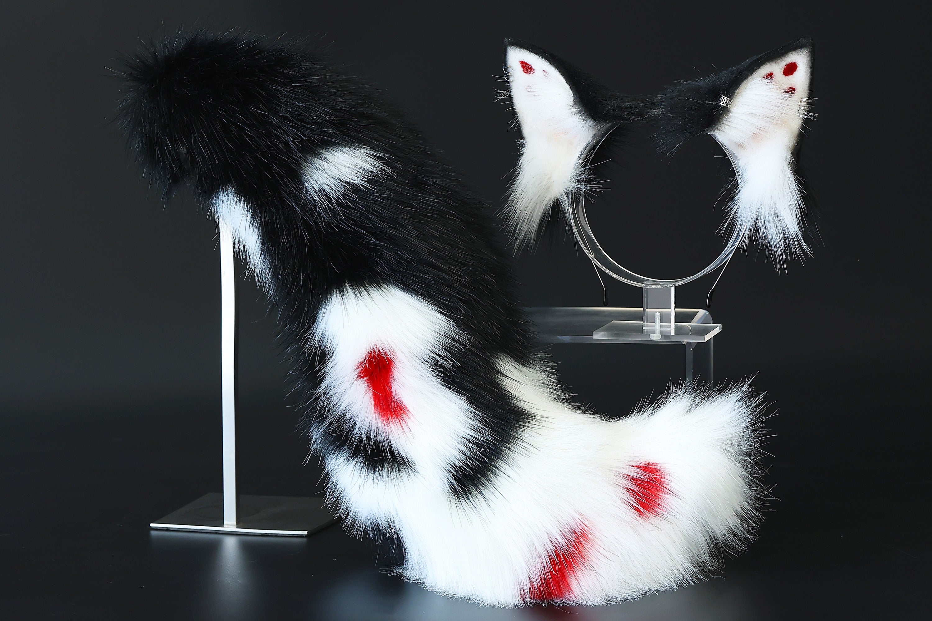 Realistic faux fur fox tail and ear set neon black splicing wolf ear and tail anime cosplay therian cat ear and tail kitten kemonomimi furry