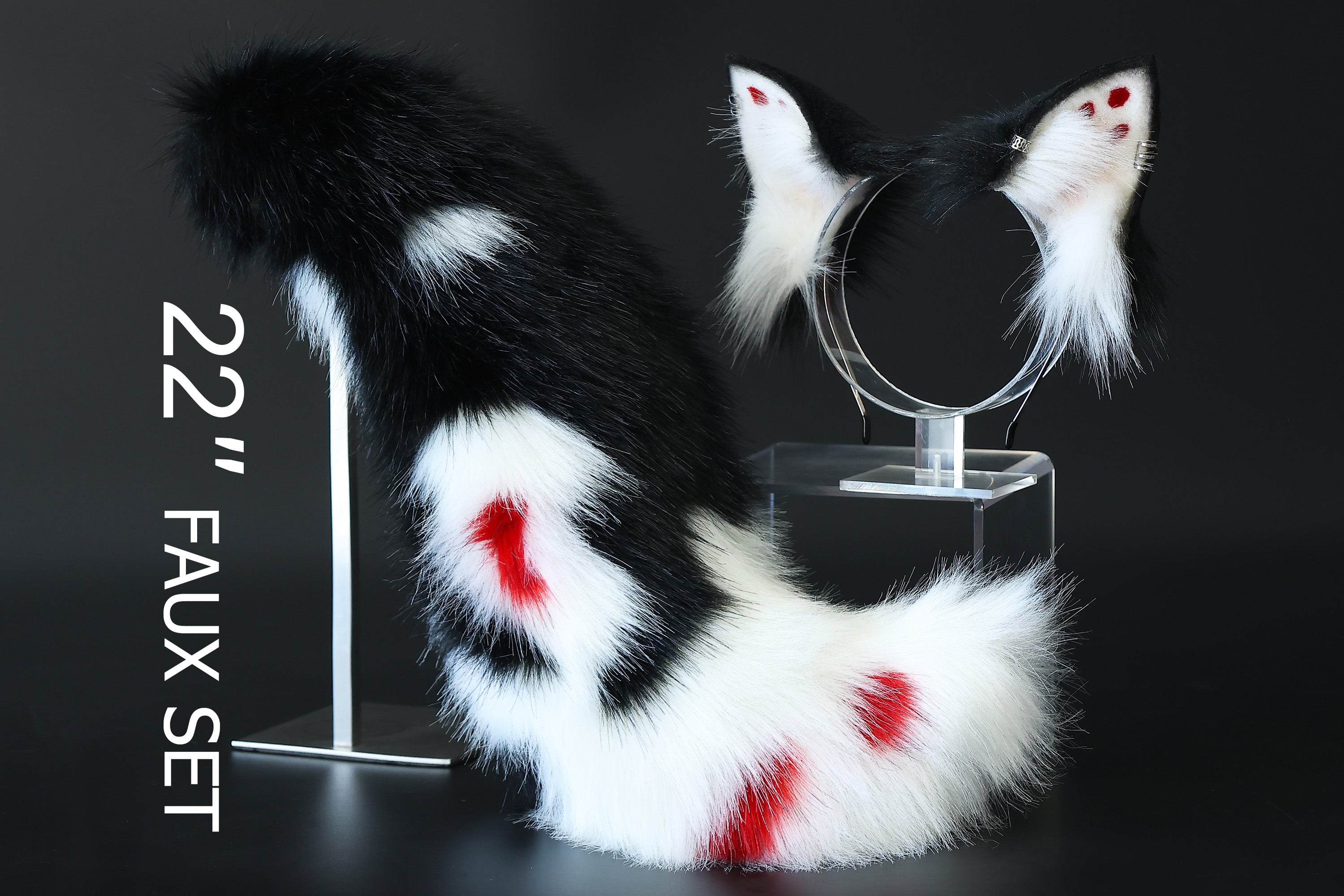 Realistic faux fur fox tail and ear set neon black splicing wolf ear and tail anime cosplay therian cat ear and tail kitten kemonomimi furry