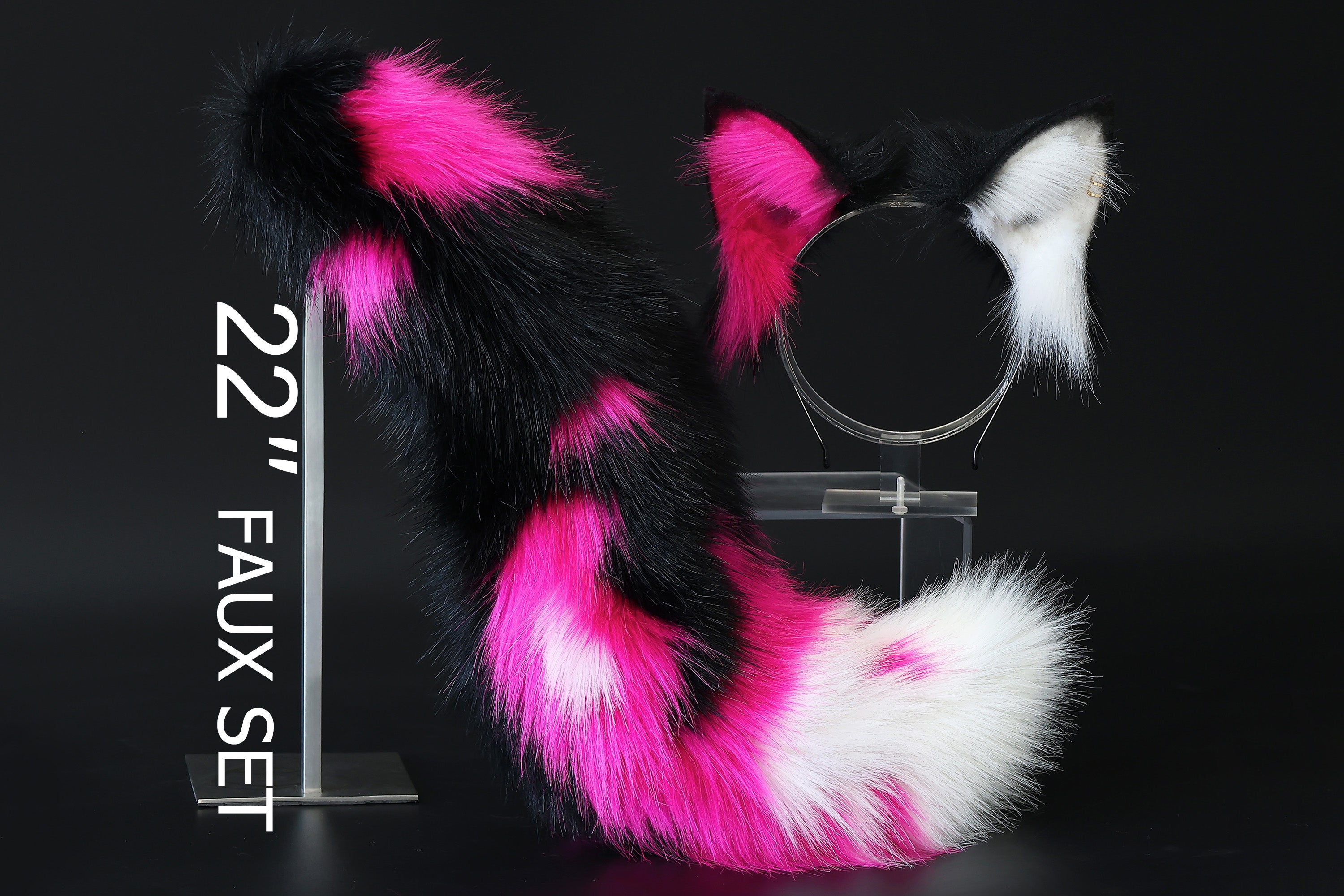 Realistic faux fur fox tail and ear set neon rose red black splicing wolf ear and tail anime cosplay therian cat ear and tail butt plug kitten kemonomimi