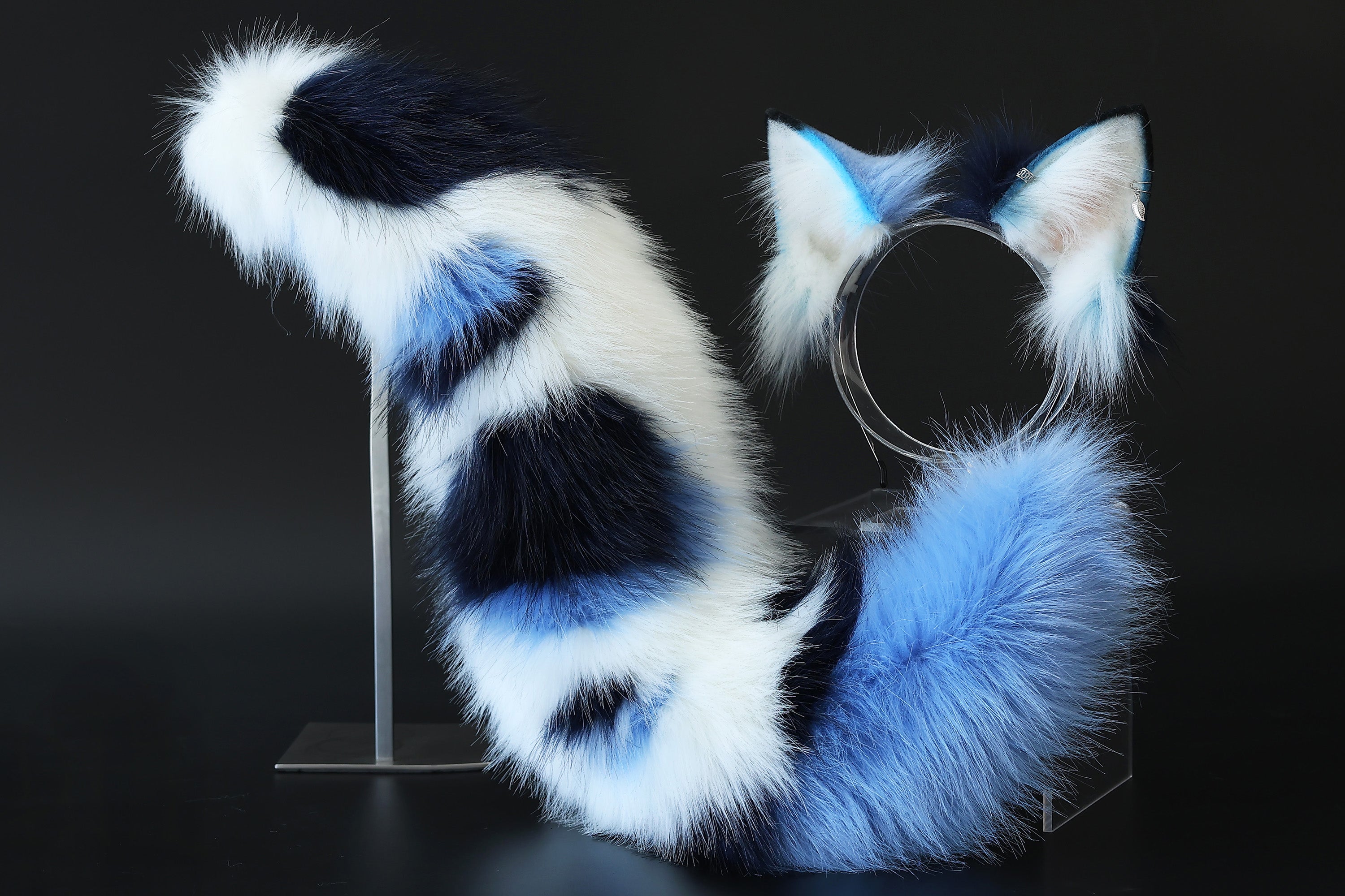 Realistic faux fur wolf ear and tail set blue splicing fox ear and tail butt plug anime cosplay cat ear and tail kitten therian fox tail kemonomimi