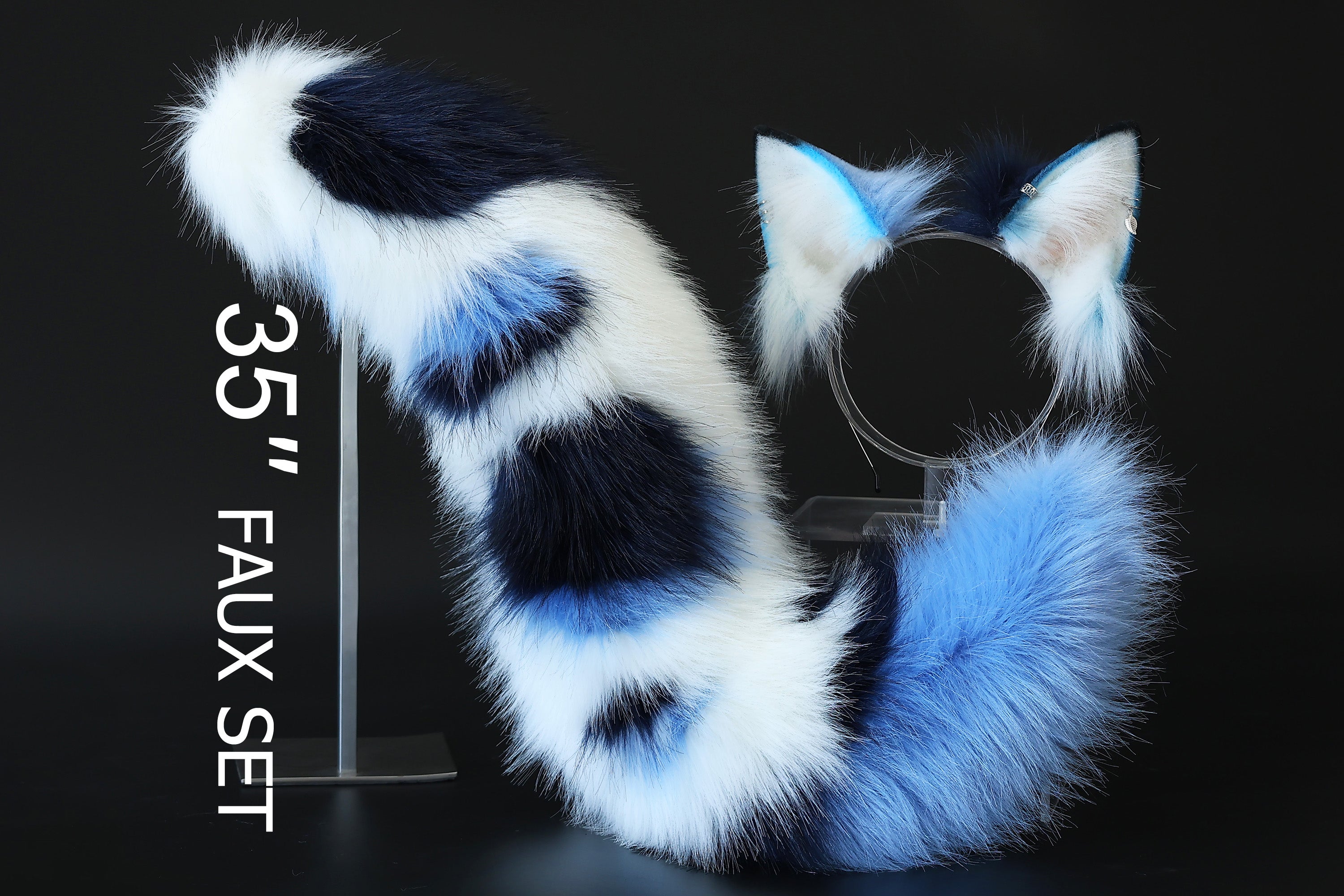 Realistic faux fur wolf ear and tail set blue splicing fox ear and tail butt plug anime cosplay cat ear and tail kitten therian fox tail kemonomimi