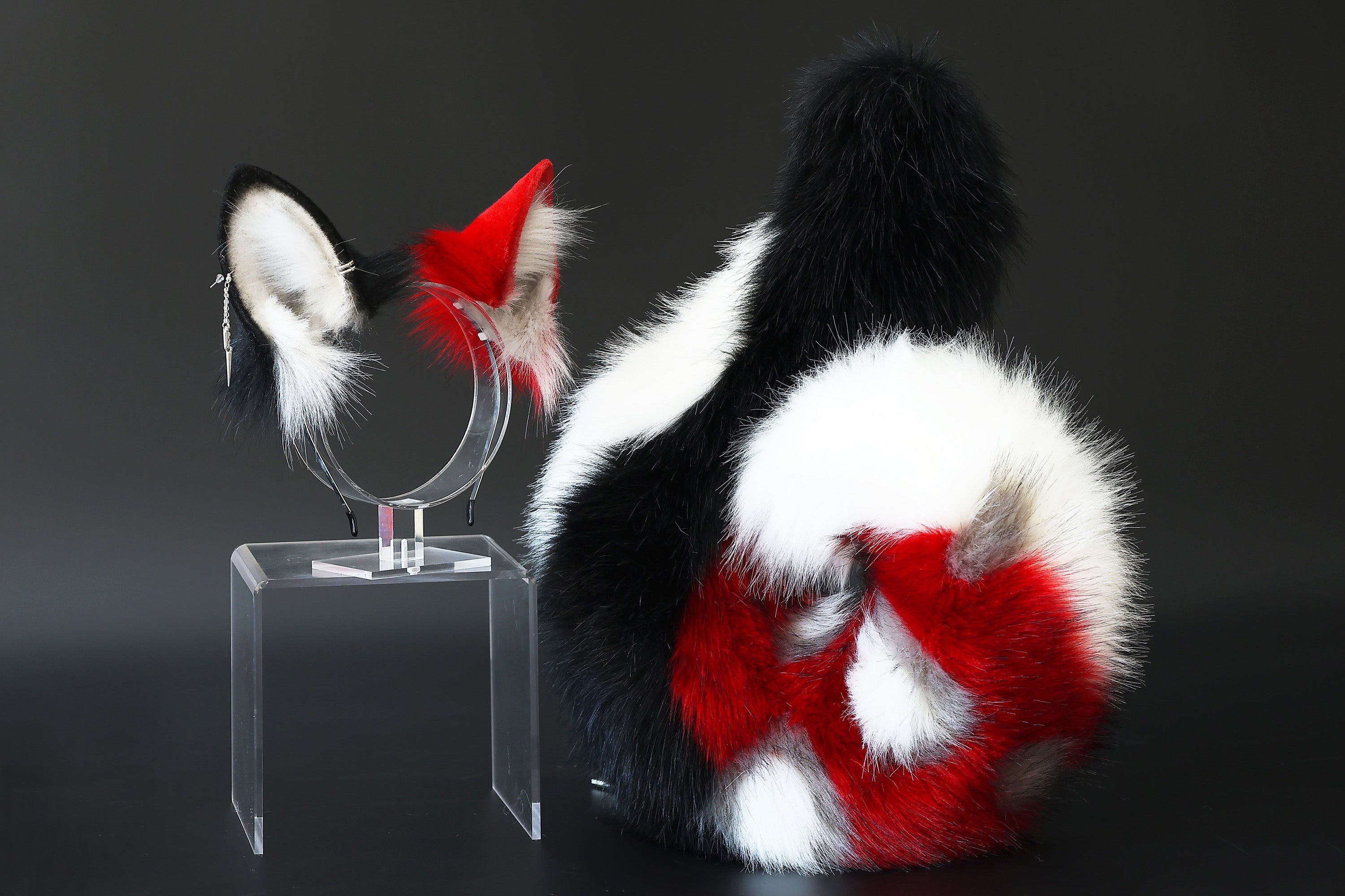 Red black faux fur shepherd dog tail and ear set Shiba Inu dog ear and tail butt plug anime cosplay therian puppy ear and tail puppy girl kemonomimi