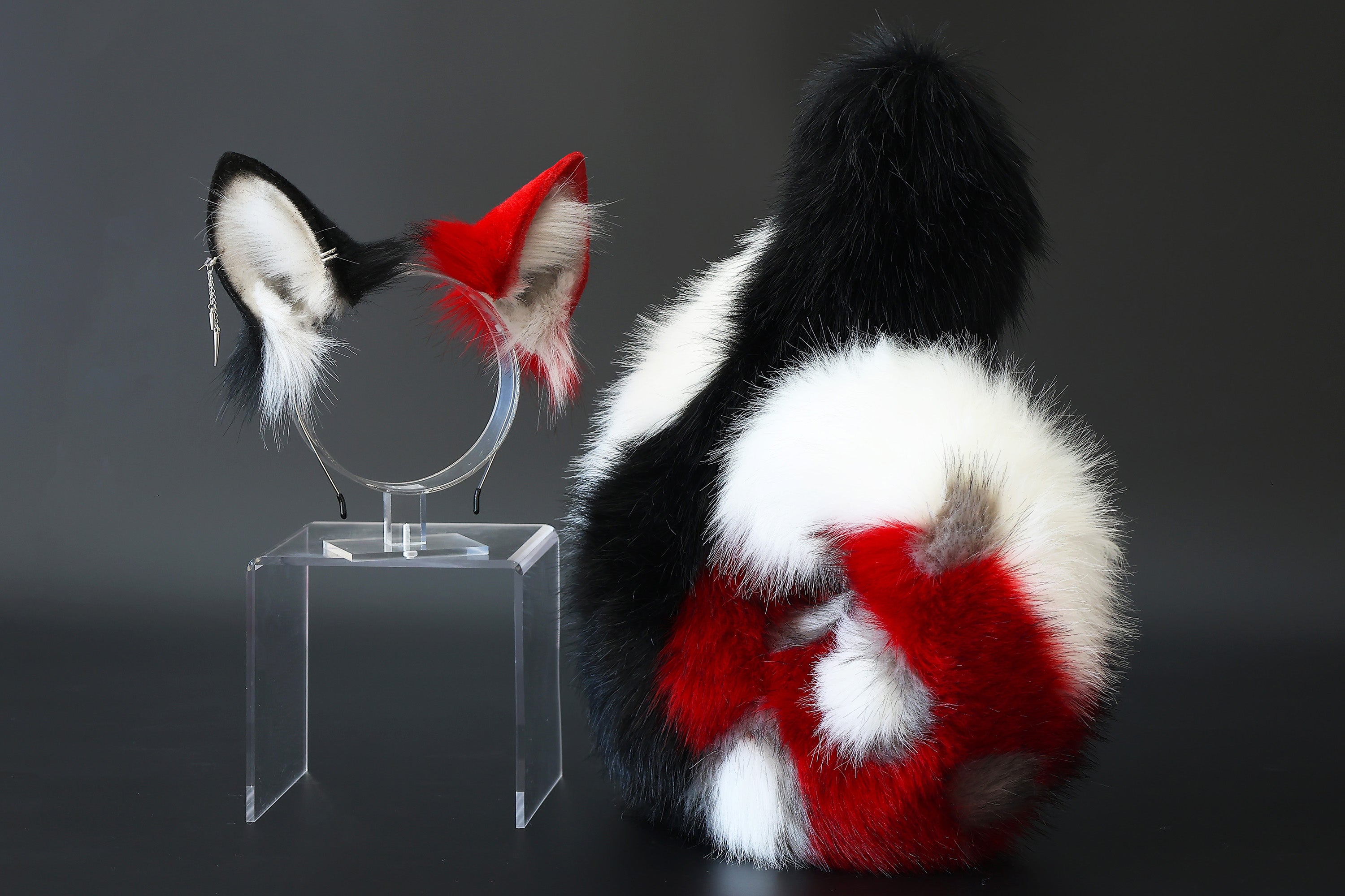 Red black faux fur shepherd dog tail and ear set Shiba Inu dog ear and tail butt plug anime cosplay therian puppy ear and tail puppy girl kemonomimi