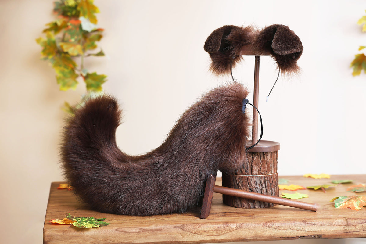 Brown faux fur puppy tail sleeve and ears faux fur dog sleeves for hyper motion silicone base - super motion tail covers therian kemonomimi