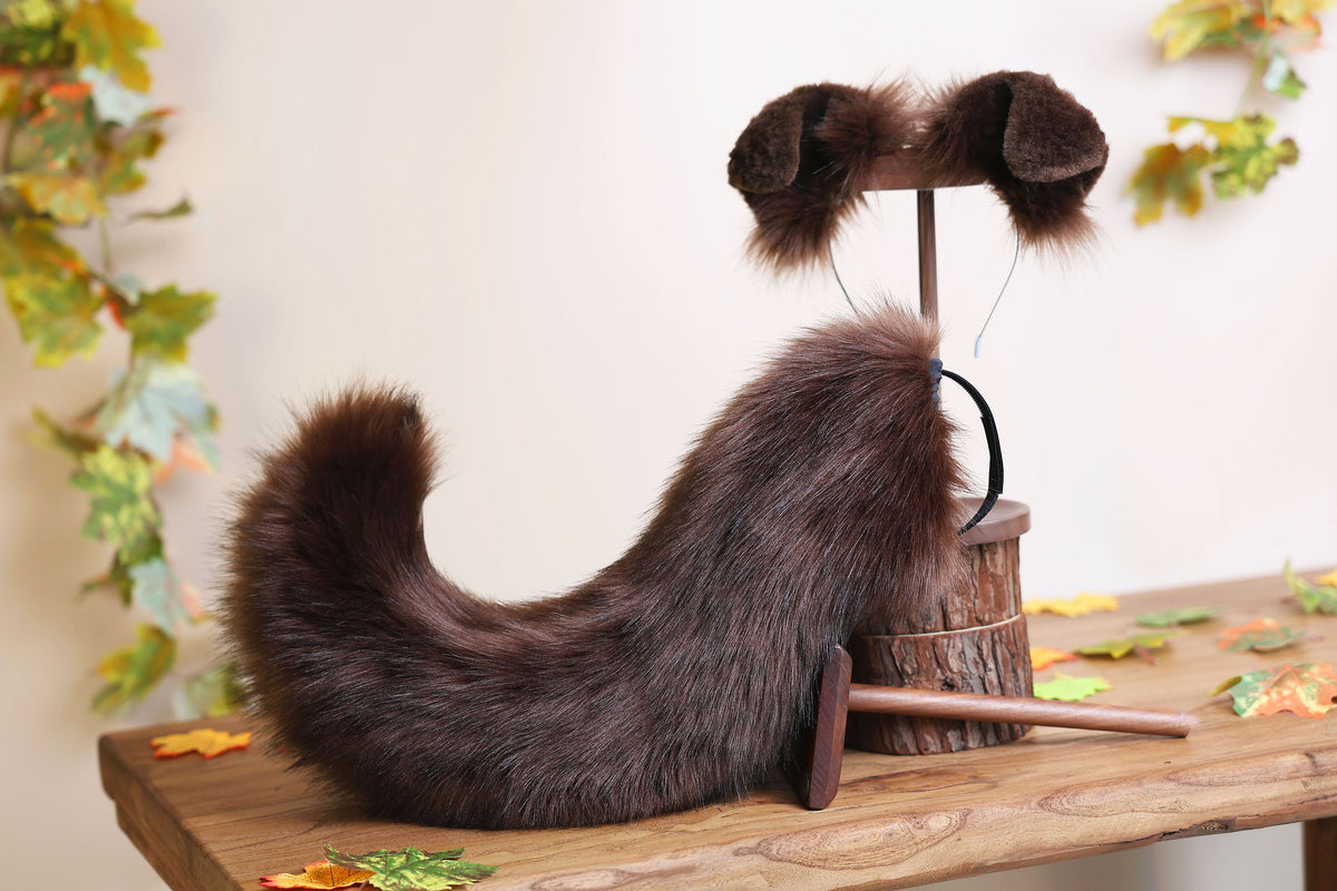 Brown faux fur puppy tail sleeve and ears faux fur dog sleeves for hyper motion silicone base - super motion tail covers therian kemonomimi