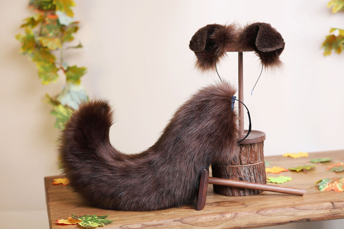 Brown faux fur puppy tail sleeve and ears faux fur dog sleeves for hyper motion silicone base - super motion tail covers therian kemonomimi