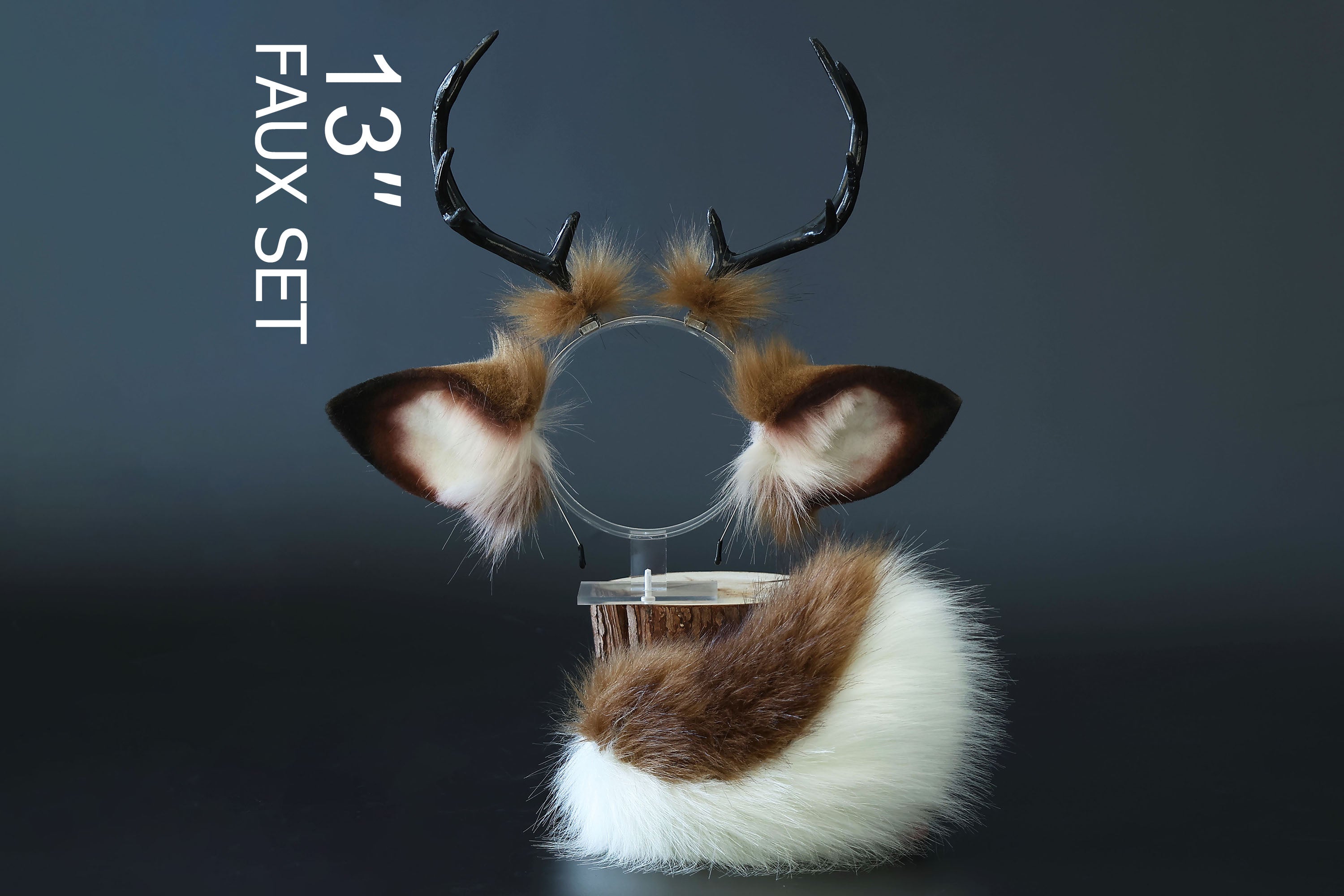 Faux fur deer ear and tail kemonomimi brown white deer ear headband with antlers elk ear and tail butt plug anime cosplay fawn furry deer therian