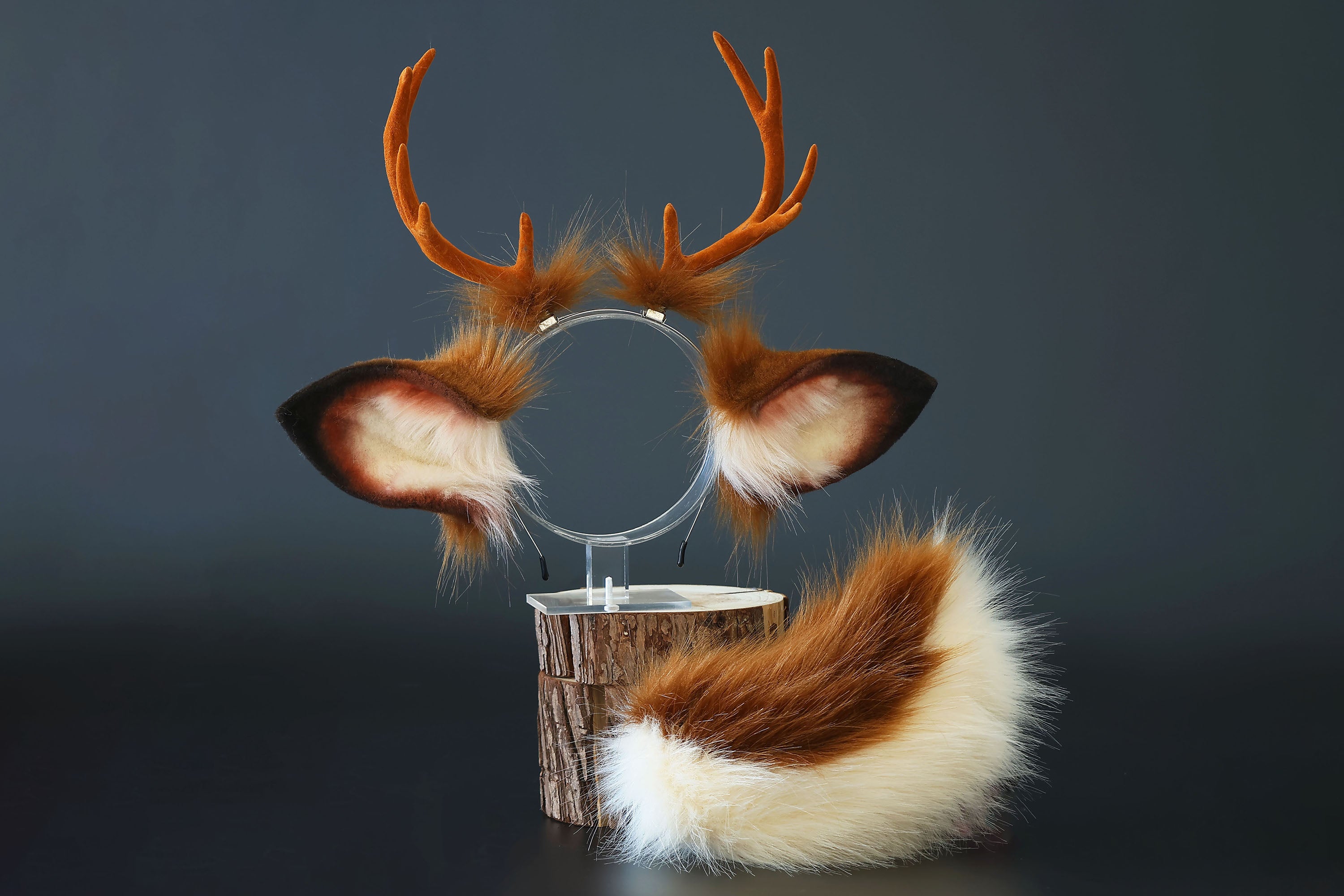 Faux fur deer ear and tail kemonomimi deer ear headband with antlers elk ear and tail butt plug anime cosplay fawn furry deer therian kenomomimi gift