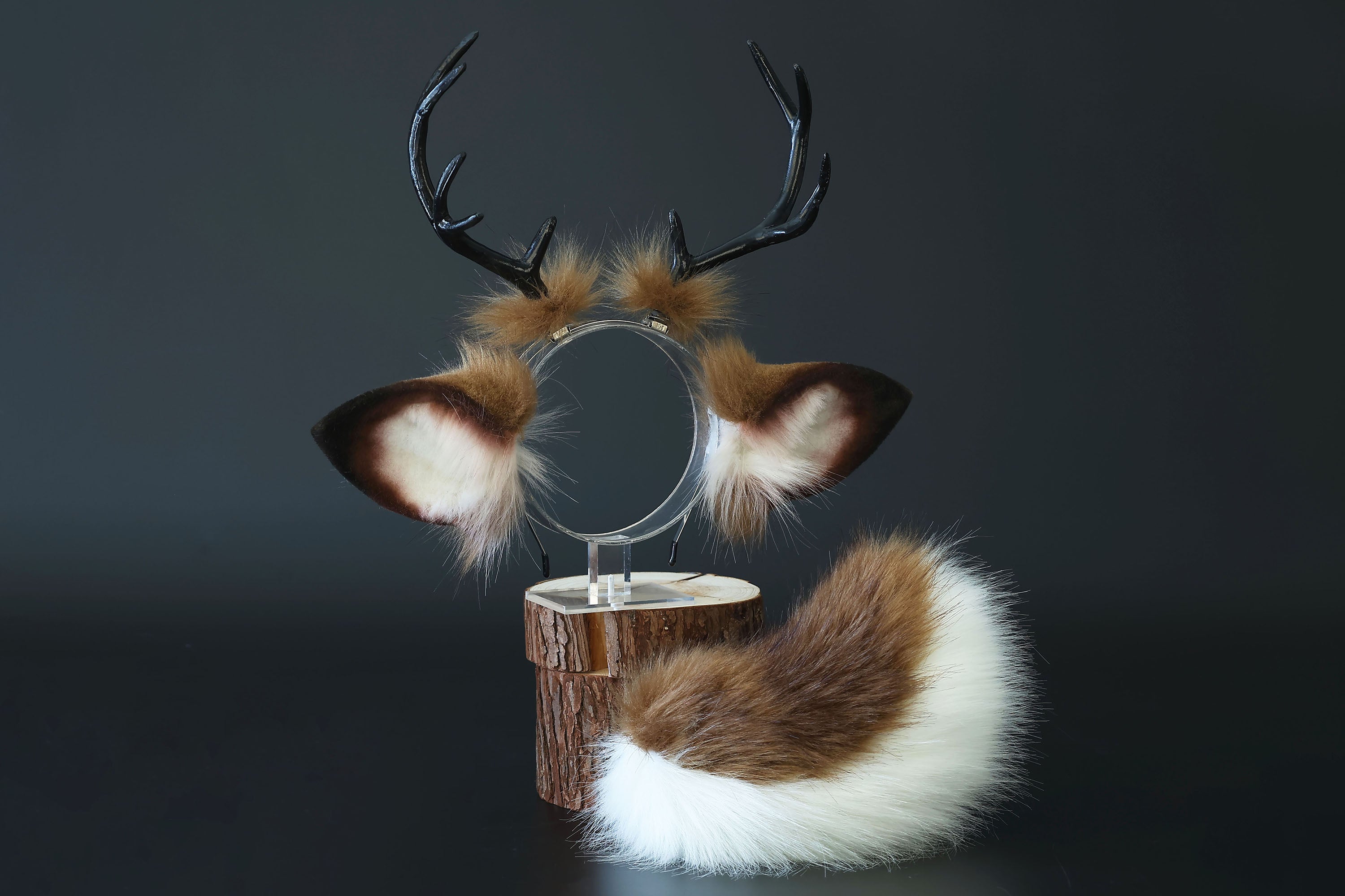 Faux fur deer ear and tail kemonomimi brown white deer ear headband with antlers elk ear and tail butt plug anime cosplay fawn furry deer therian